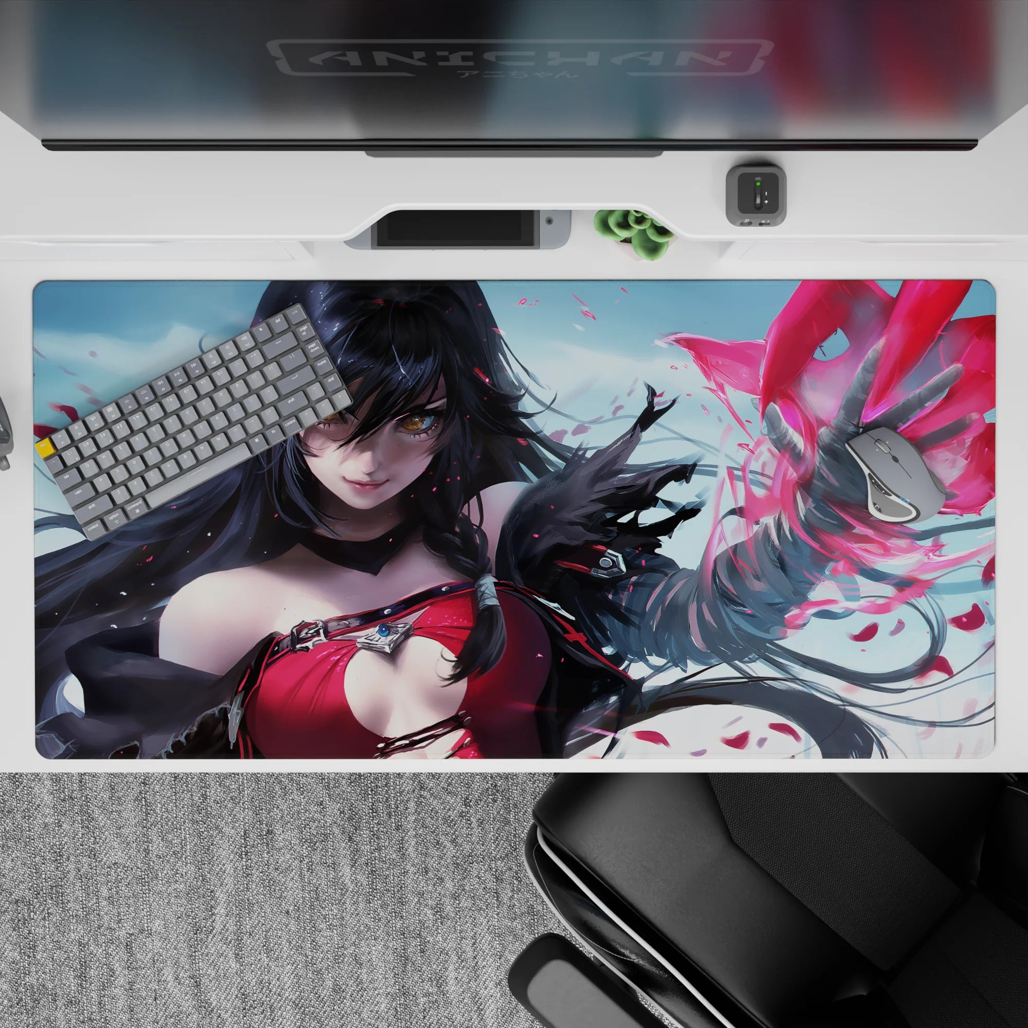 Crimson and cool sky anime desk pad 40x20 inches with soft gradients, slick highlights, and magic vibes.