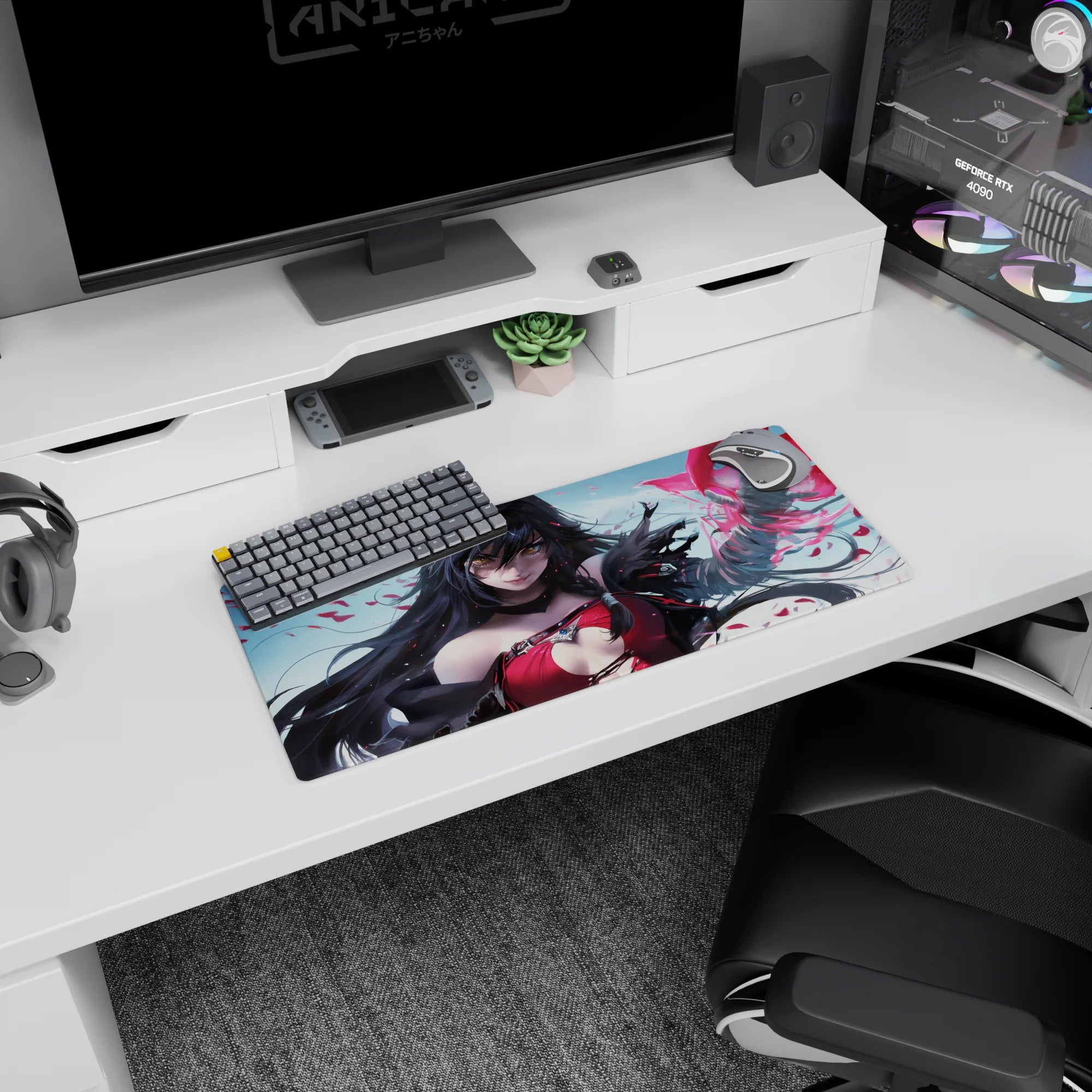 28x12 inches anime sorceress mouse pad casting a spell, red petal shards swirling around her hand.