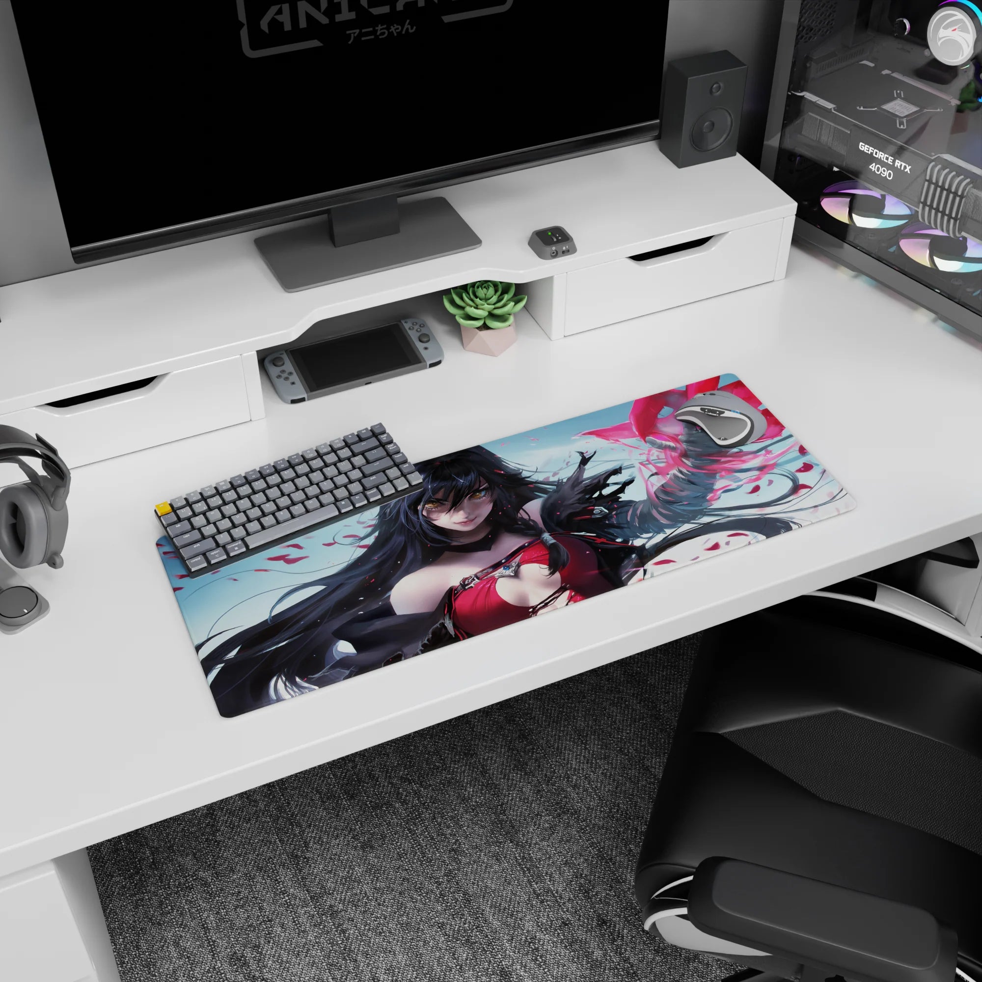 Anime girl mouse pad 32x12 inches showing an amber-eyed sorceress casting a spell with swirling petal shards.