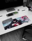 Anime girl mouse pad 32x12 inches showing an amber-eyed sorceress casting a spell with swirling petal shards.