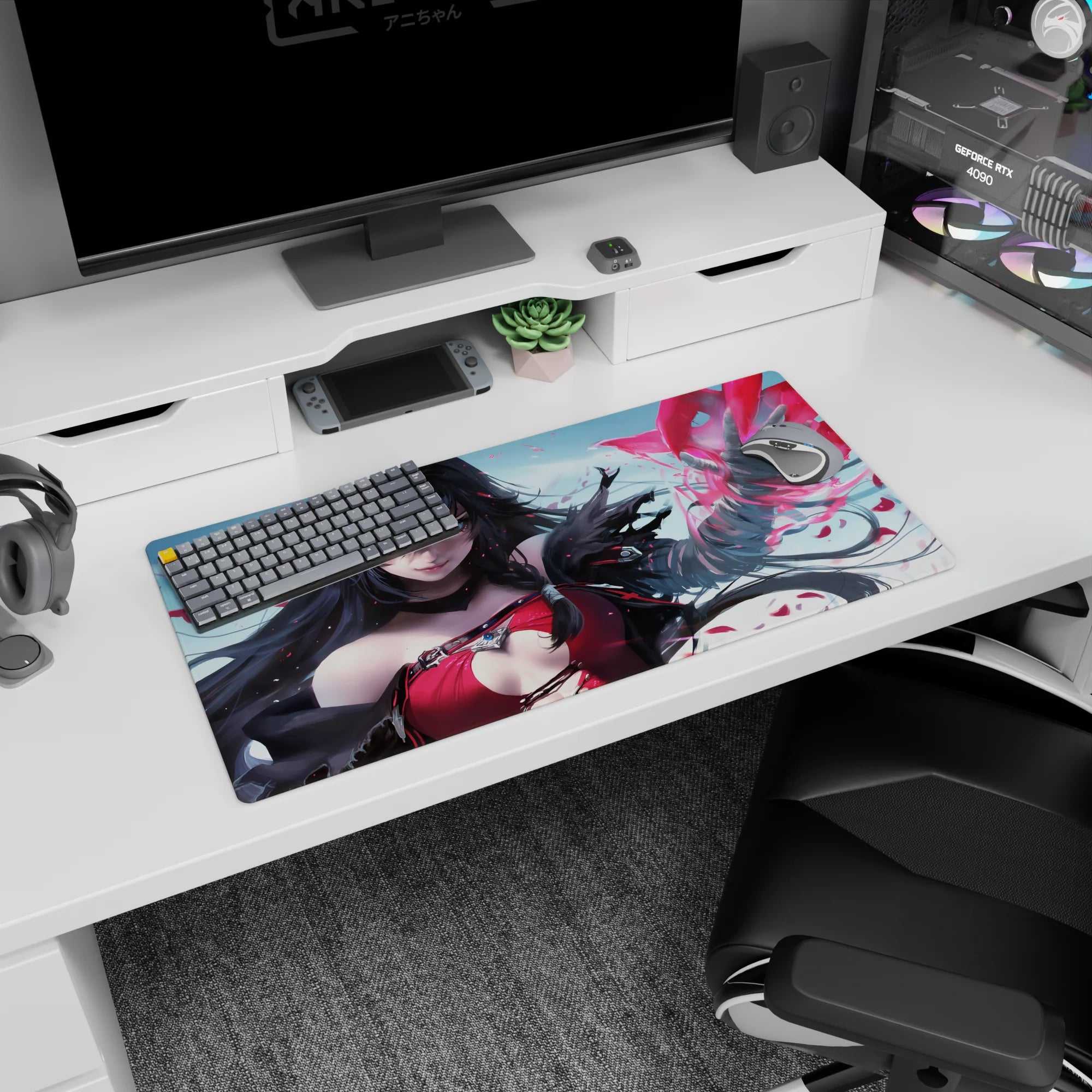 Anime girl mouse pad 32x16 inches showing a dark-haired sorceress casting a spell with swirling red petals.