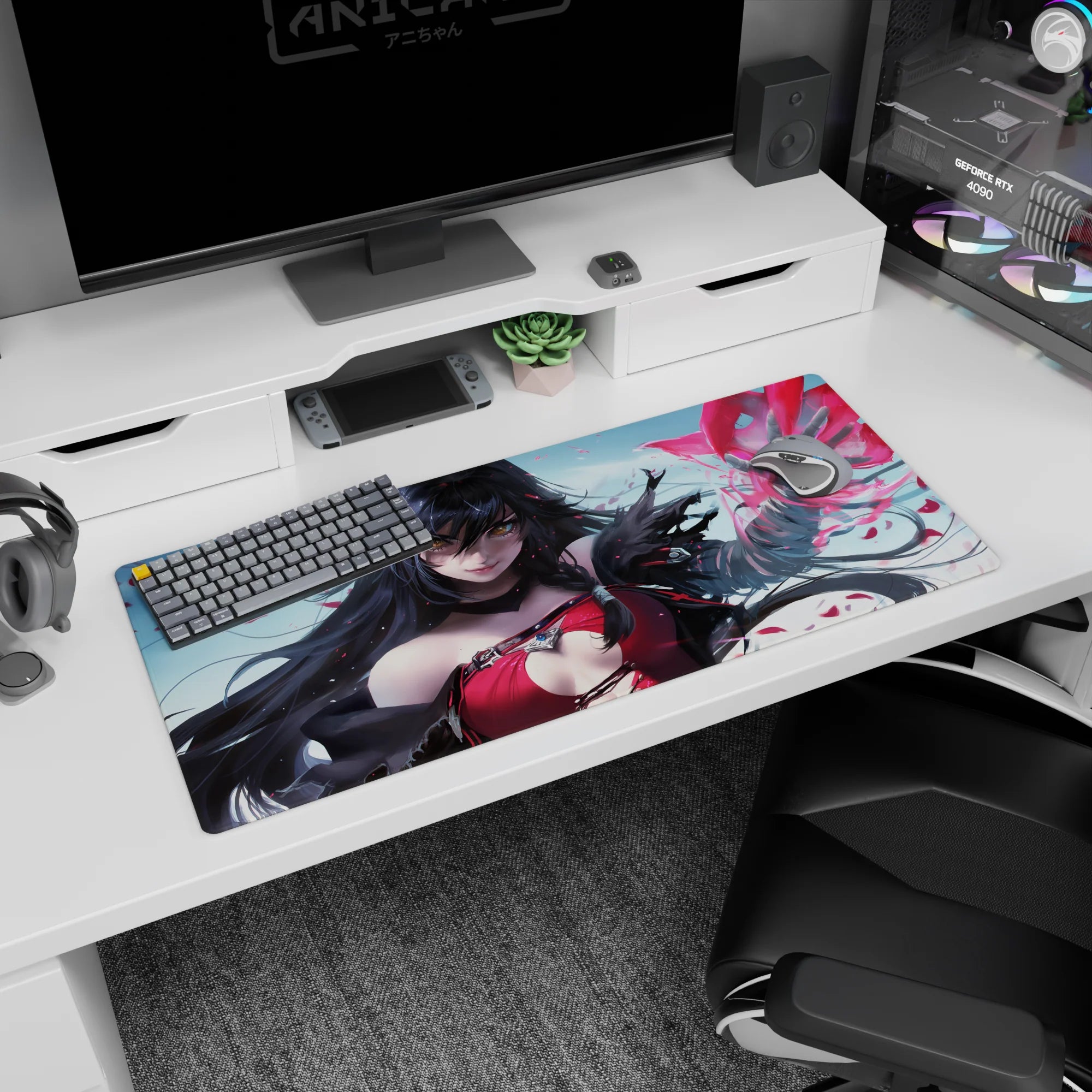 36x16 inches anime girl desk pad showing a mage casting a glowing hand spell as red petals swirl.
