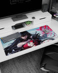 36x16 inches anime girl desk pad showing a mage casting a glowing hand spell as red petals swirl.