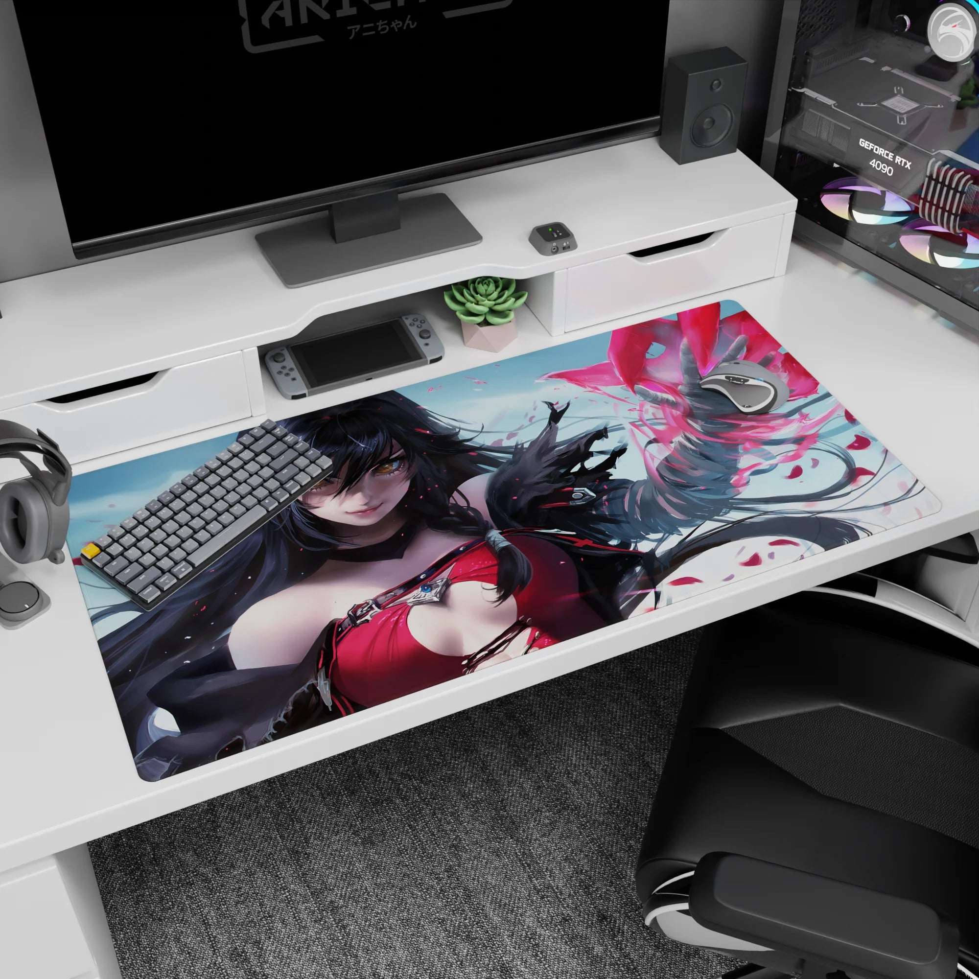 Anime sorceress casting a glowing hand spell with petal-like red shards on desk pad 40x20 inches.