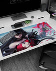 Anime sorceress casting a glowing hand spell with petal-like red shards on desk pad 40x20 inches.