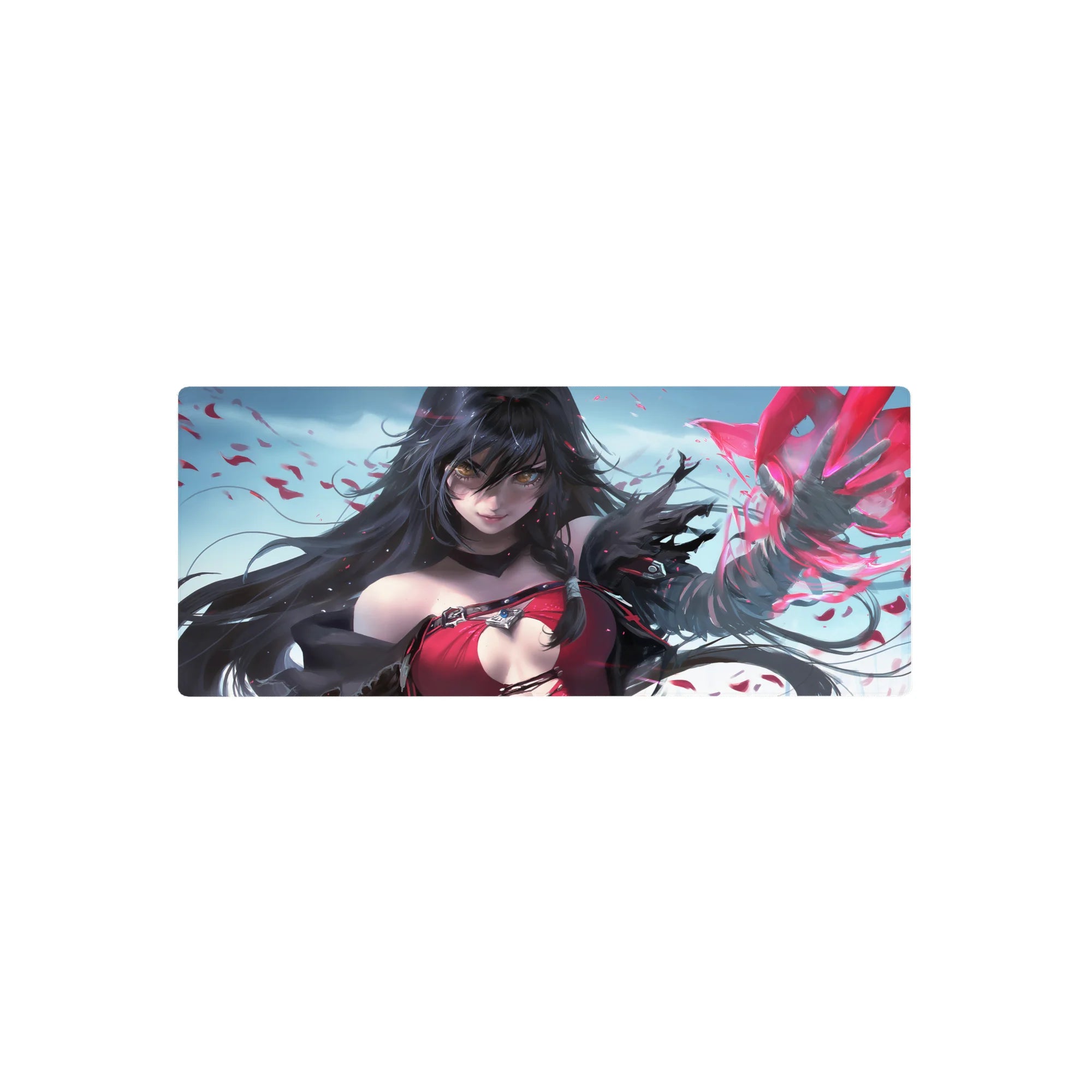 28x12 inches anime girl mouse pad with sorceress design, dark hair, amber eyes, crimson outfit, magic.