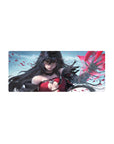 28x12 inches anime girl mouse pad with sorceress design, dark hair, amber eyes, crimson outfit, magic.