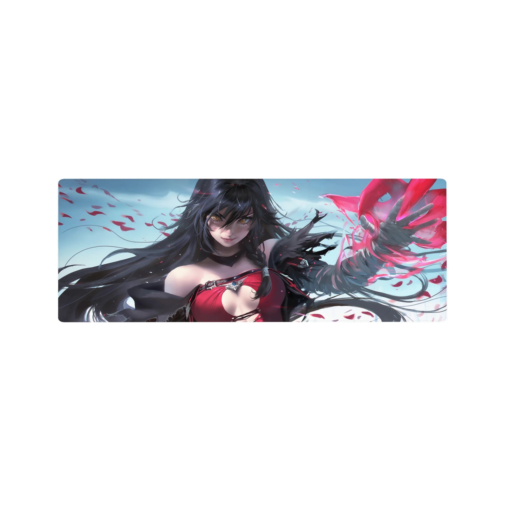 Anime girl mouse pad 32x12 inches with a sorceress, red shards, flowing dark hair, and sky backdrop.