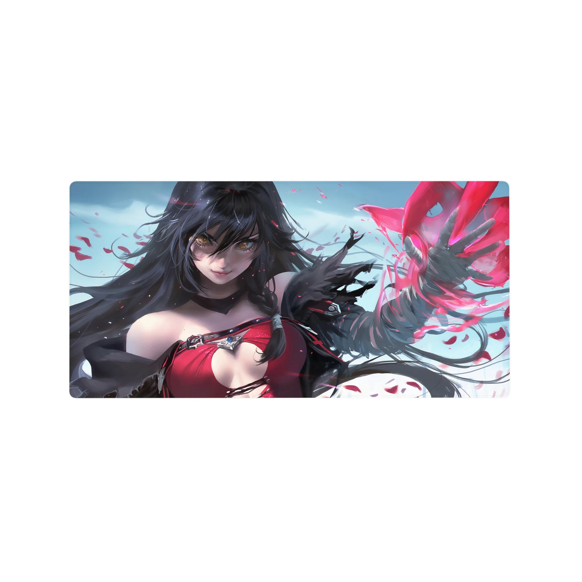 Anime girl mouse pad 32x16 inches with anime-style sorceress, flowing hair, crimson outfit, spell shards.