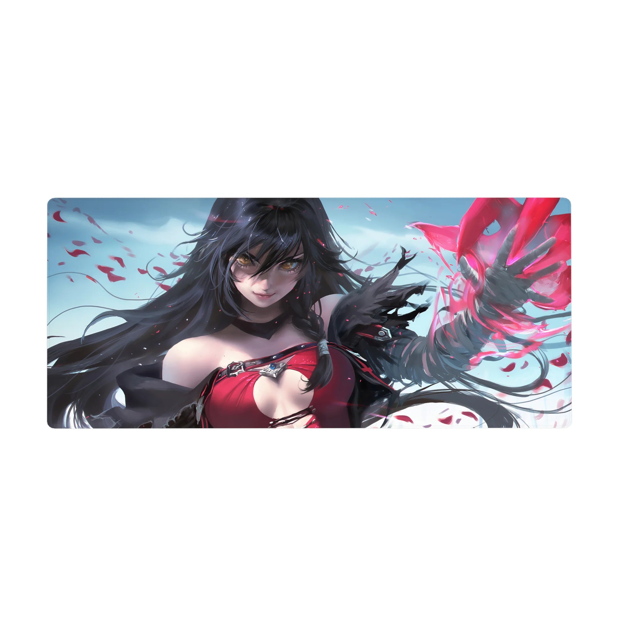 36x16 inches anime girl desk pad with sorceress art, flowing dark hair, crimson outfit, spell effects.