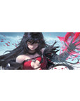 36x16 inches anime girl desk pad with sorceress art, flowing dark hair, crimson outfit, spell effects.