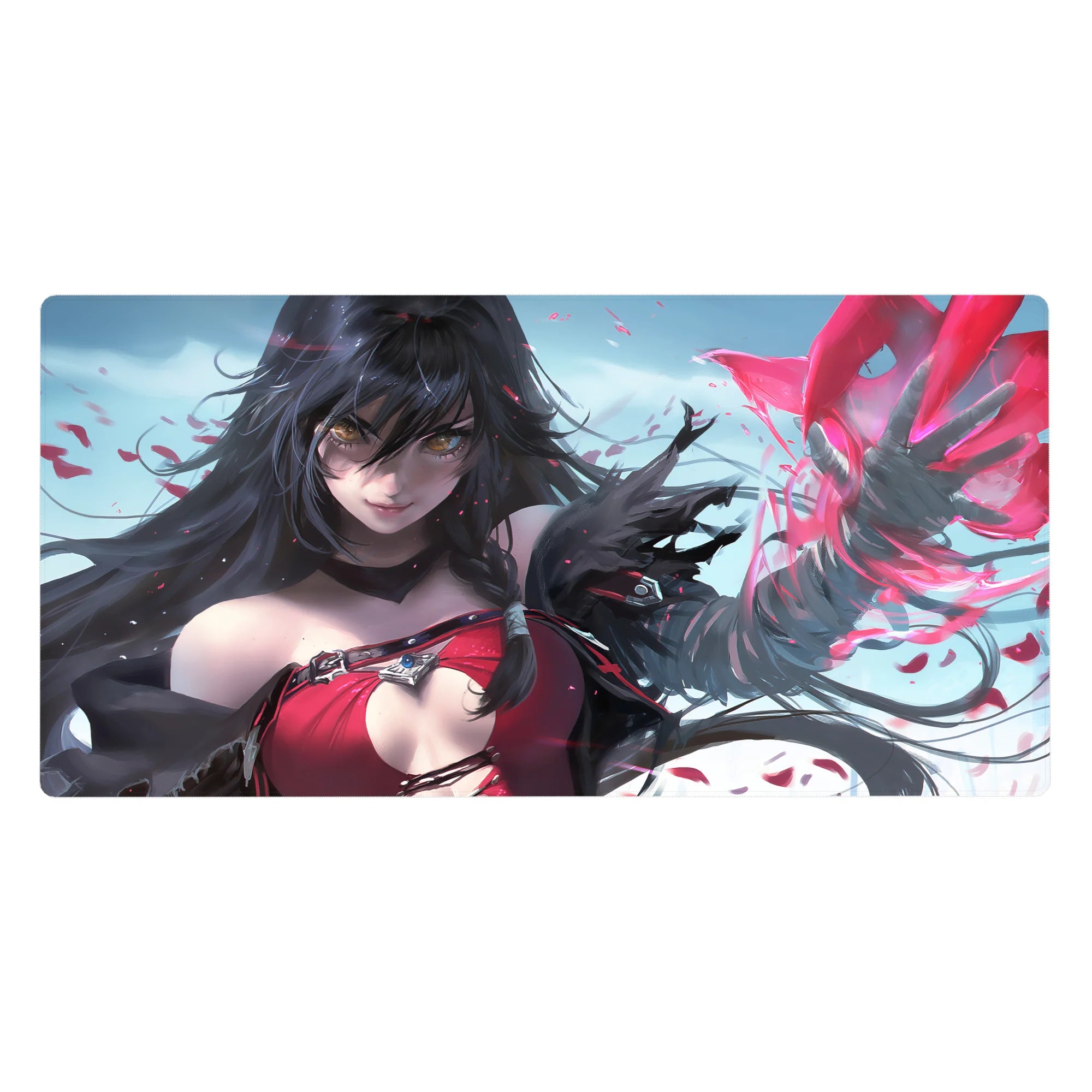 Anime girl sorceress desk pad 40x20 inches with dark hair, amber eyes, and swirling red spell shards.