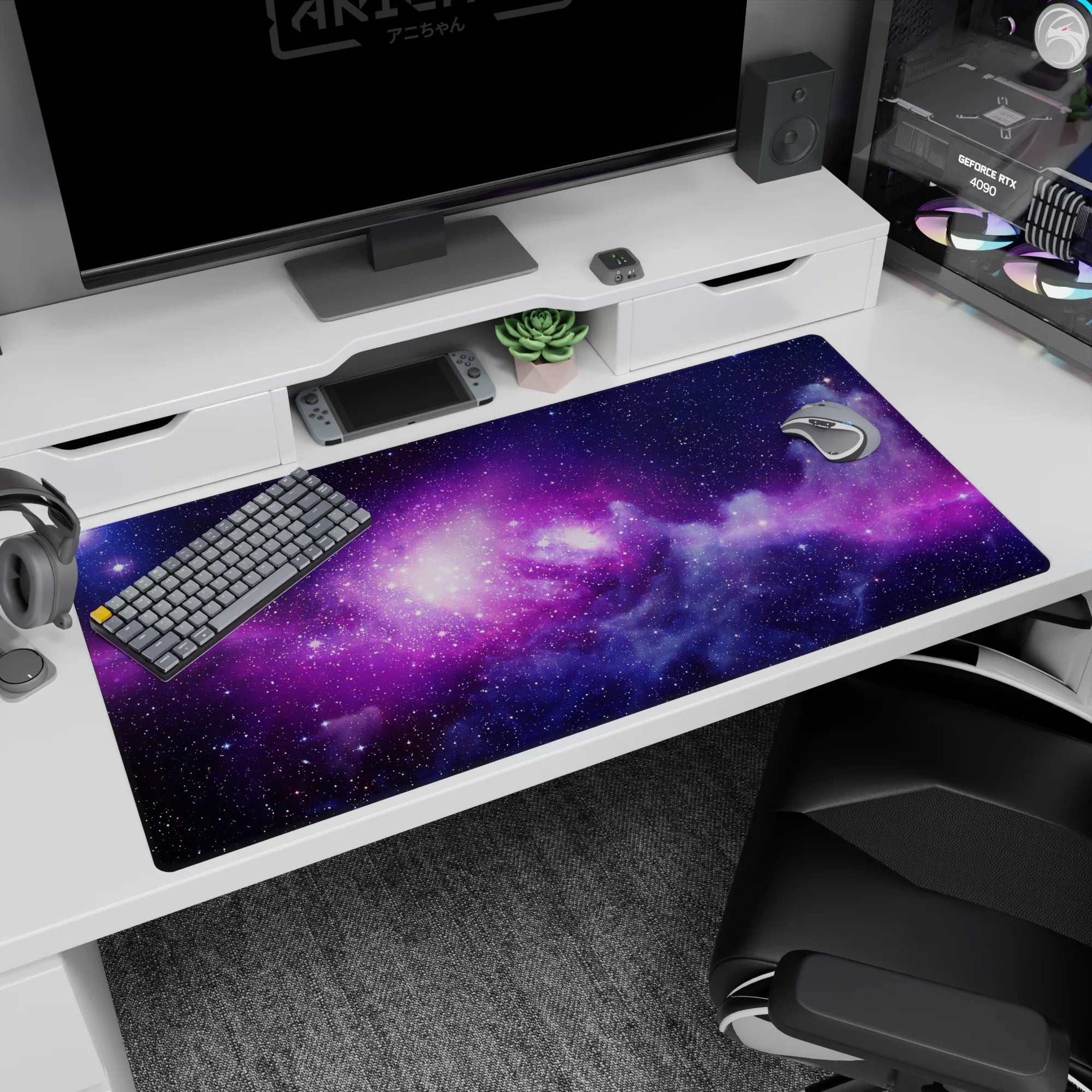 Starry night nebula scene desk pad with tiny starlight specks, 40x20 inches.
