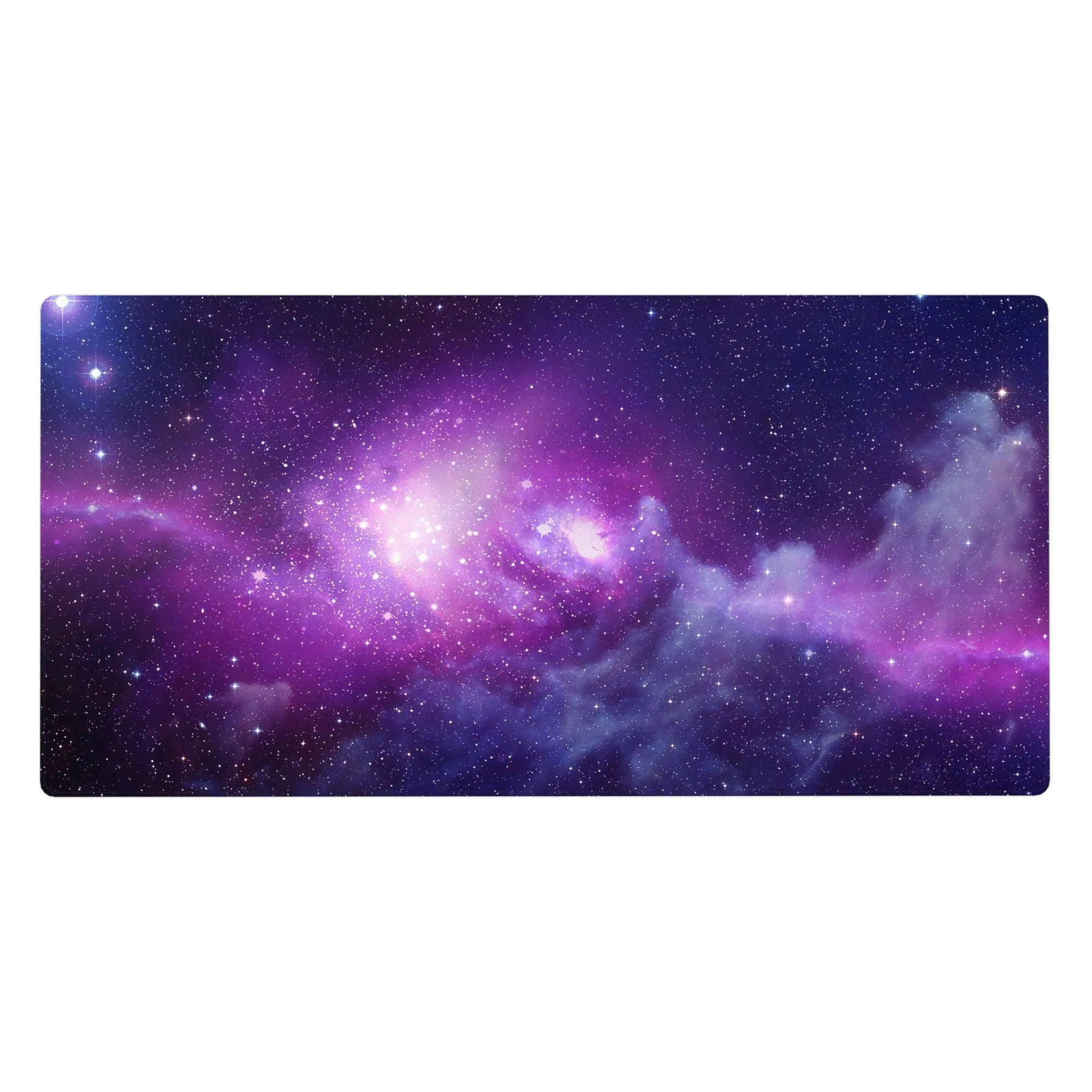 Galaxy nebula desk pad with star-speckled mist clouds, smooth surface, 40x20 inches.