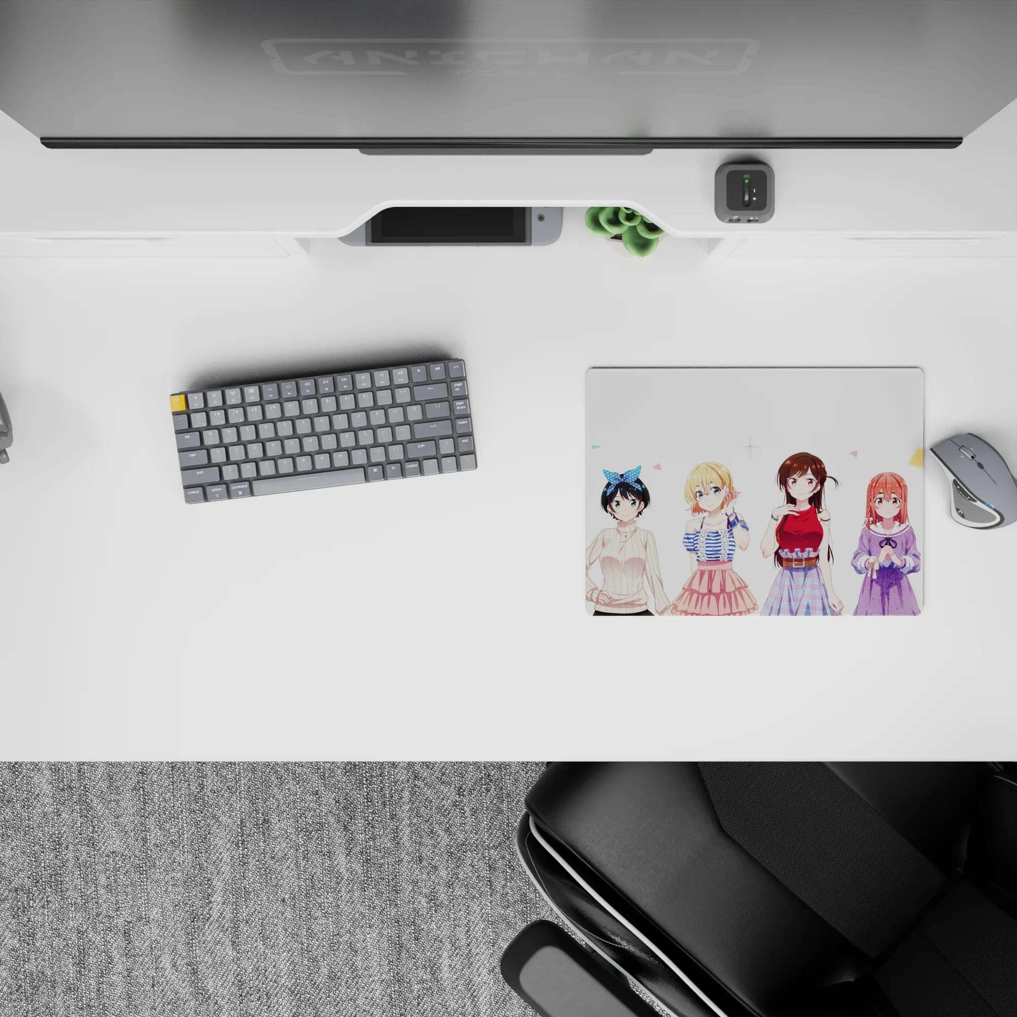 Pastel kawaii anime girl mouse pad 14x10 inches in soft colors, warm cozy vibe, smooth glide.