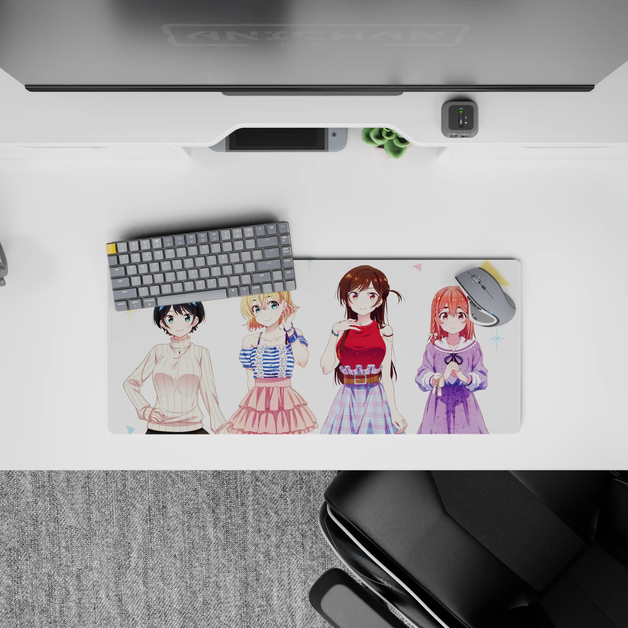 28x12 inches anime girl mouse pad in soft pastels with crisp linework, cozy comfort desk aesthetic.