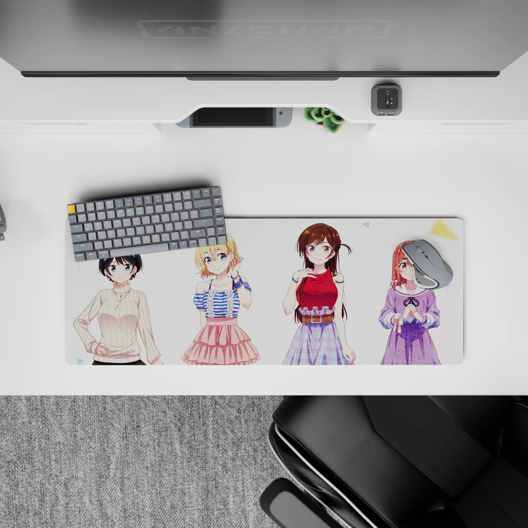 32x12 inches pastel anime desk mat with soft comfort vibe, crisp linework, and gentle color pops.