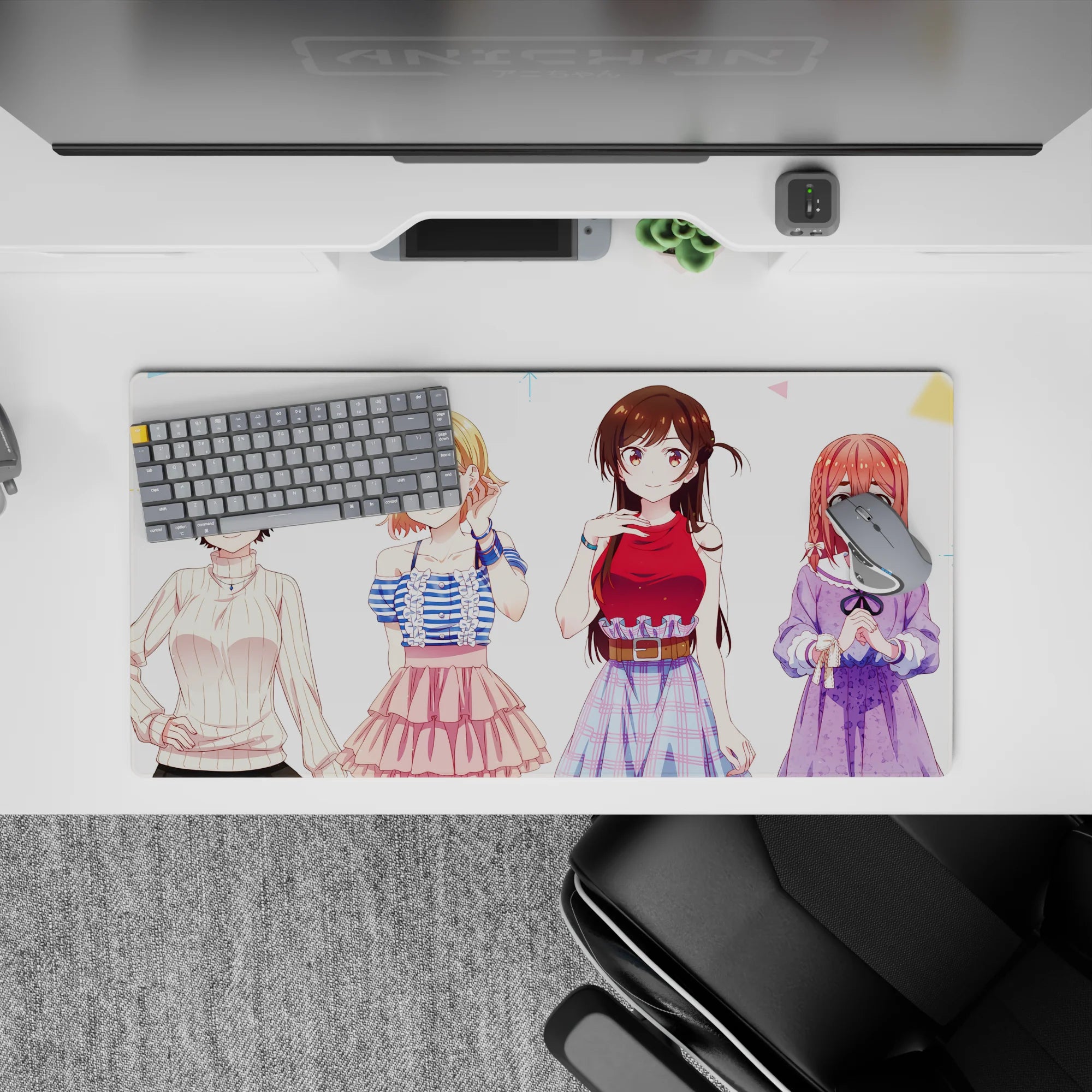 Pastel anime girl mouse pad 32x16 inches, soft comfort vibe with crisp linework and gentle colors.