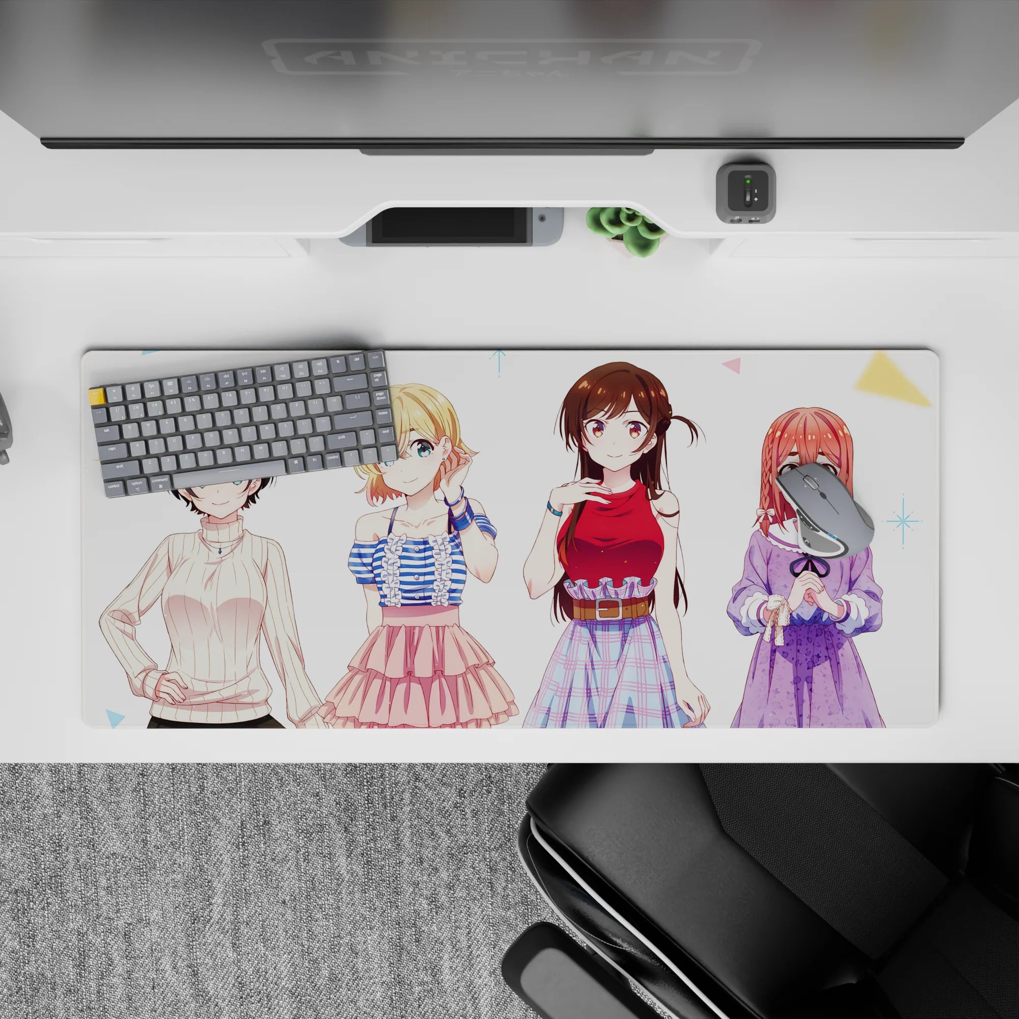 Pastel anime girl desk pad 36x16 inches, soft comfort vibe, crisp linework, smooth glide.