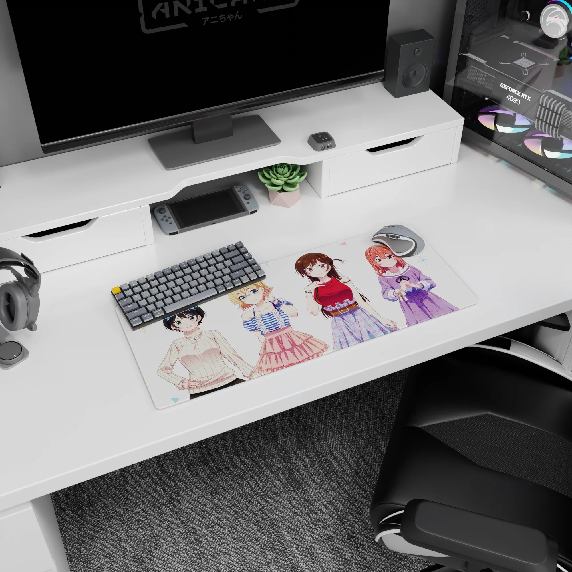 28x12 inches anime girl mouse pad featuring four friends: bow girl, blonde, brunette plaid skirt, shy redhead.