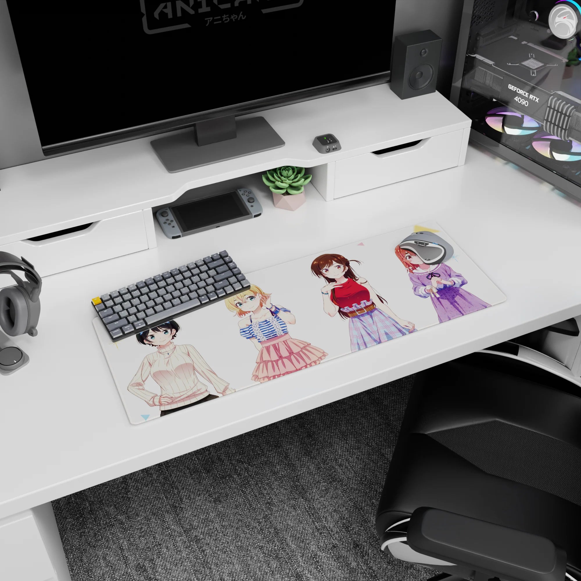 32x12 inches anime mouse pad showing four friends: blue bow, blonde frills, brunette plaid, redhead lace.
