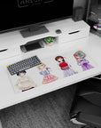 32x12 inches anime mouse pad showing four friends: blue bow, blonde frills, brunette plaid, redhead lace.