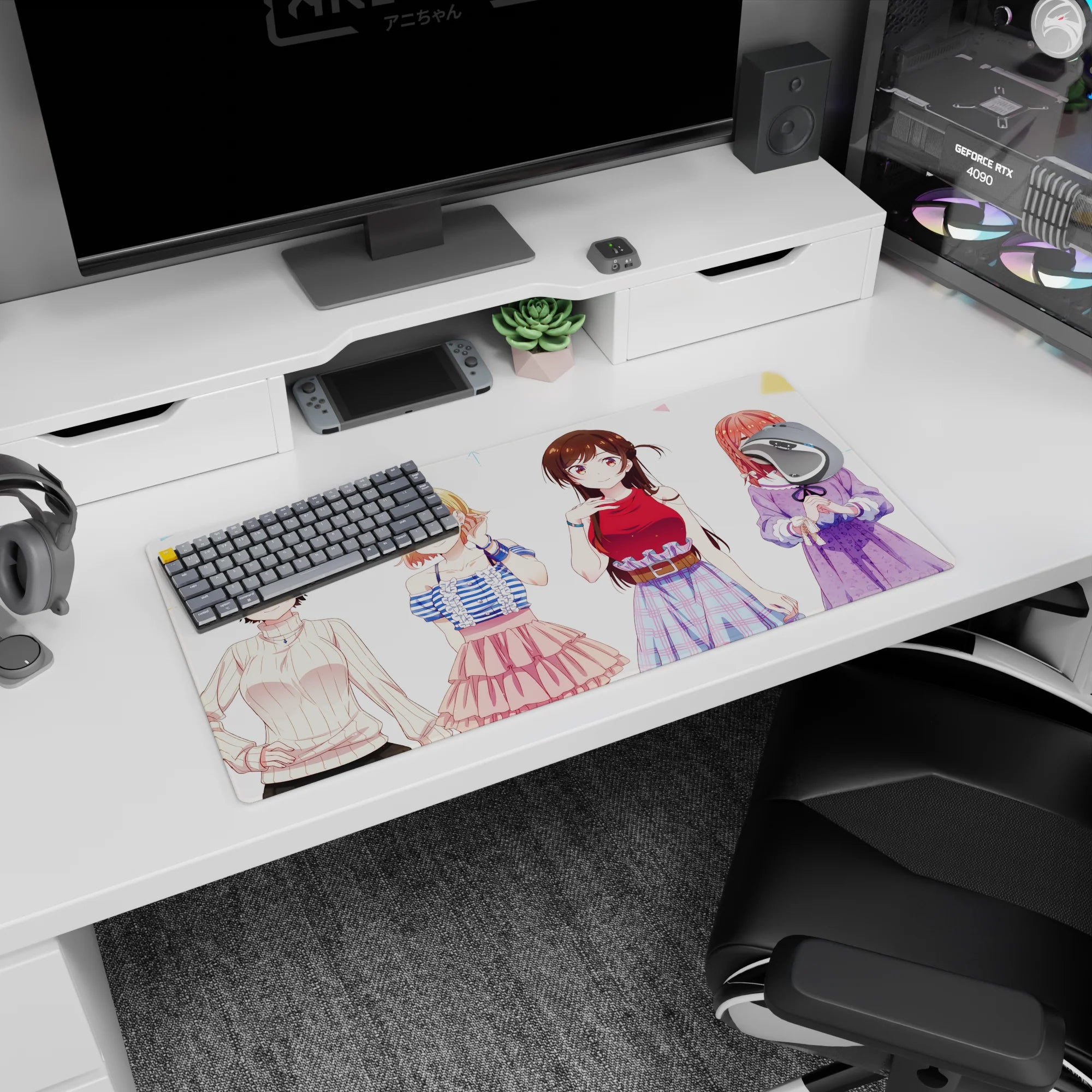 Four friends at the mall anime girl mouse pad 32x16 inches with bows, frills, plaid, and lace.