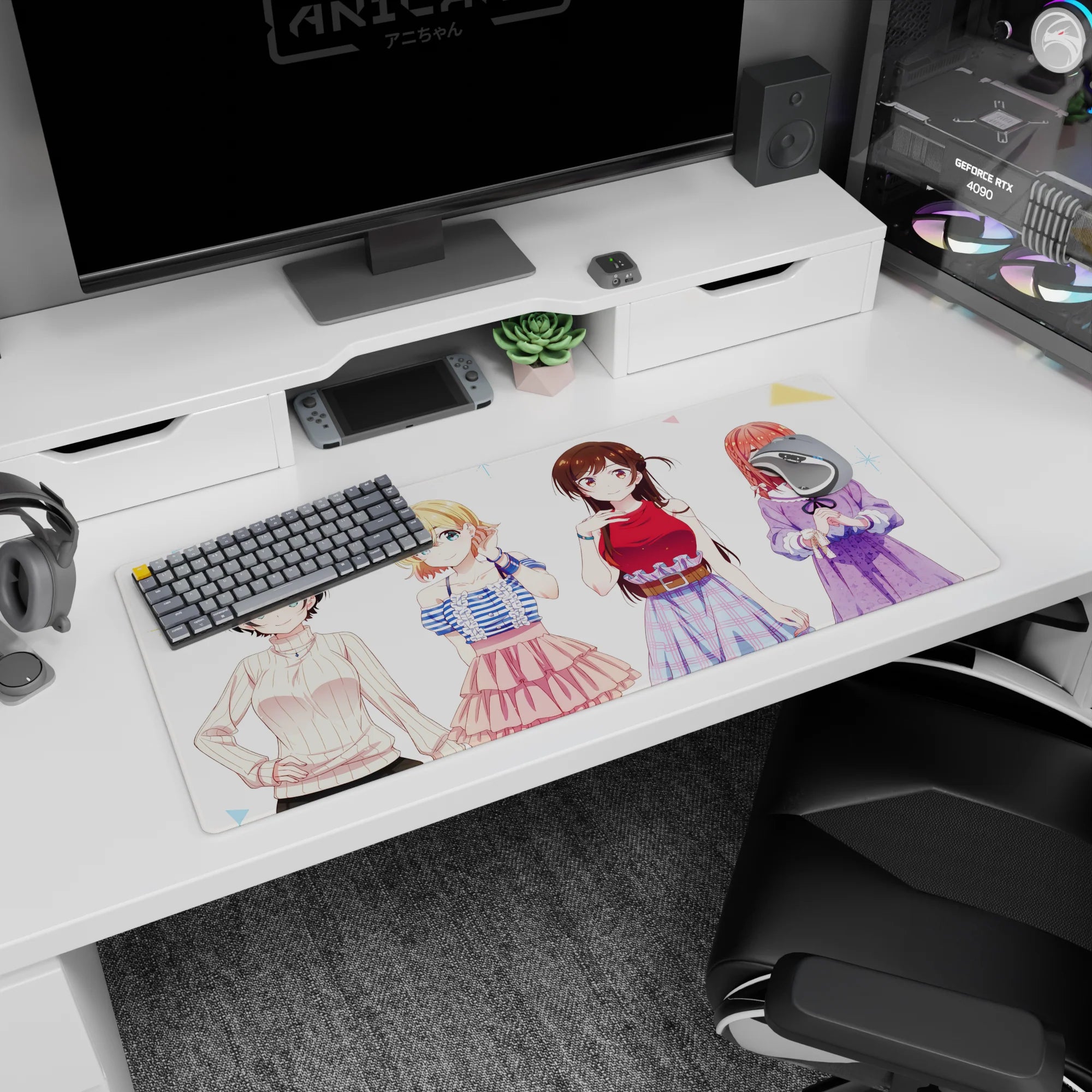 Anime desk pad 36x16 inches showing four friends: blue bow, blonde frills, plaid skirt, lavender lace.
