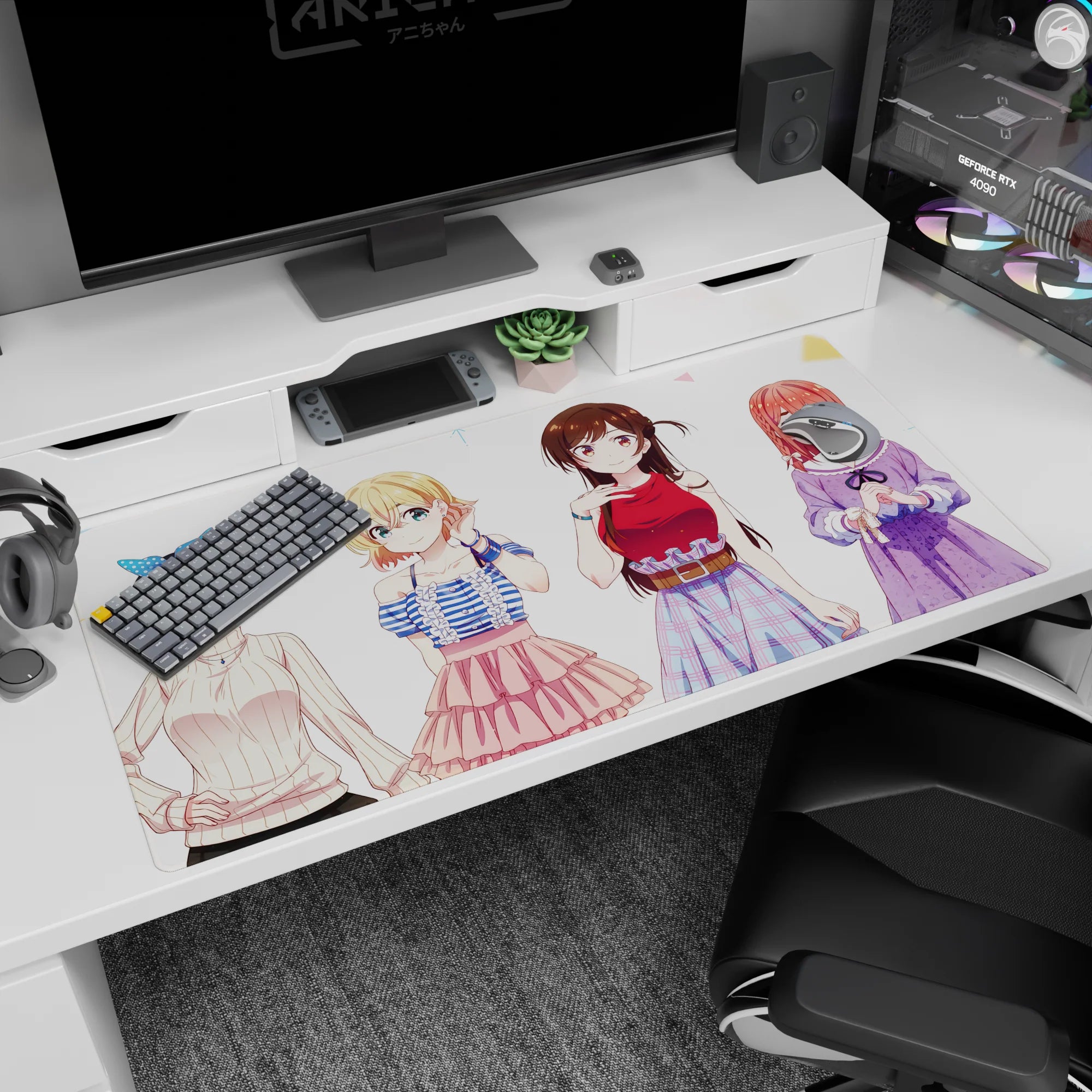 40x20 inches anime girl desk pad showing four friends: blue bow, blonde frills, red top plaid, lavender lace.