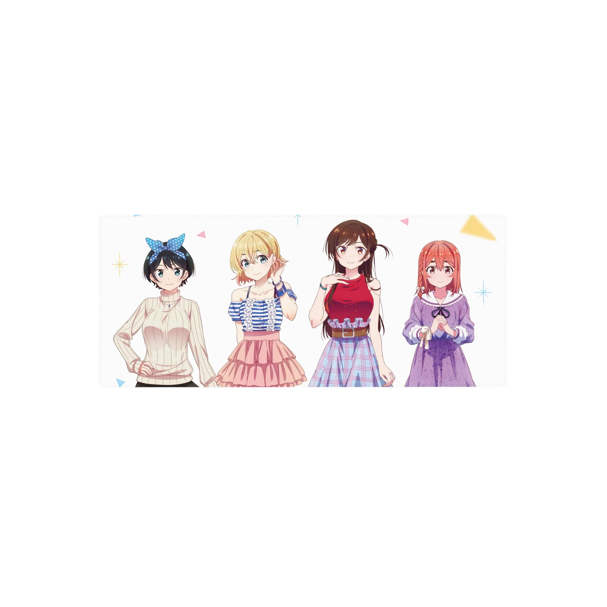 28x12 inches anime girl mouse pad with four cute heroines on white, mall best-friends vibe.