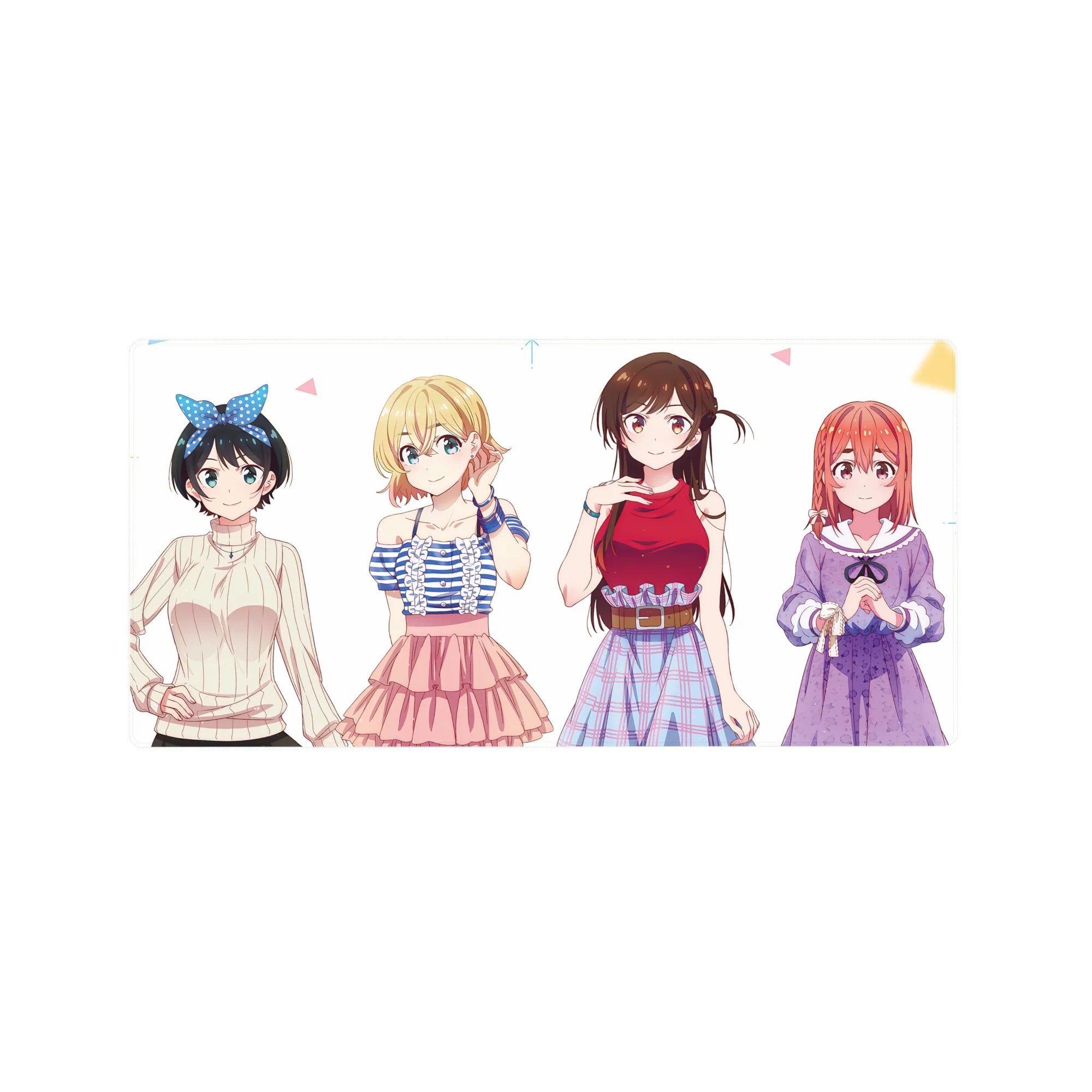 Anime girl mouse pad 32x16 inches with four cute heroines on a clean white background.