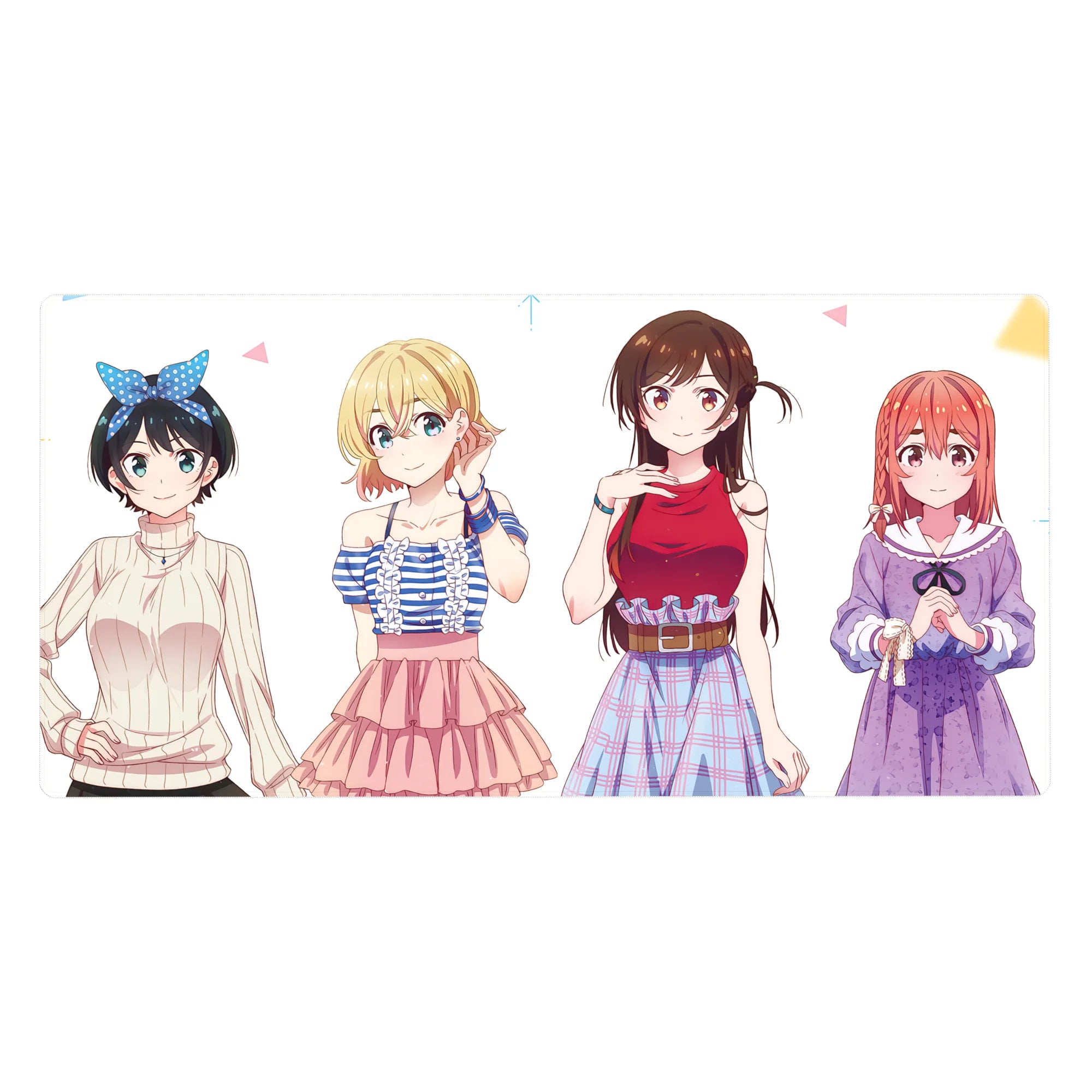 40x20 inches anime girl desk pad with four cute heroines on a clean white background, mall friends vibe.