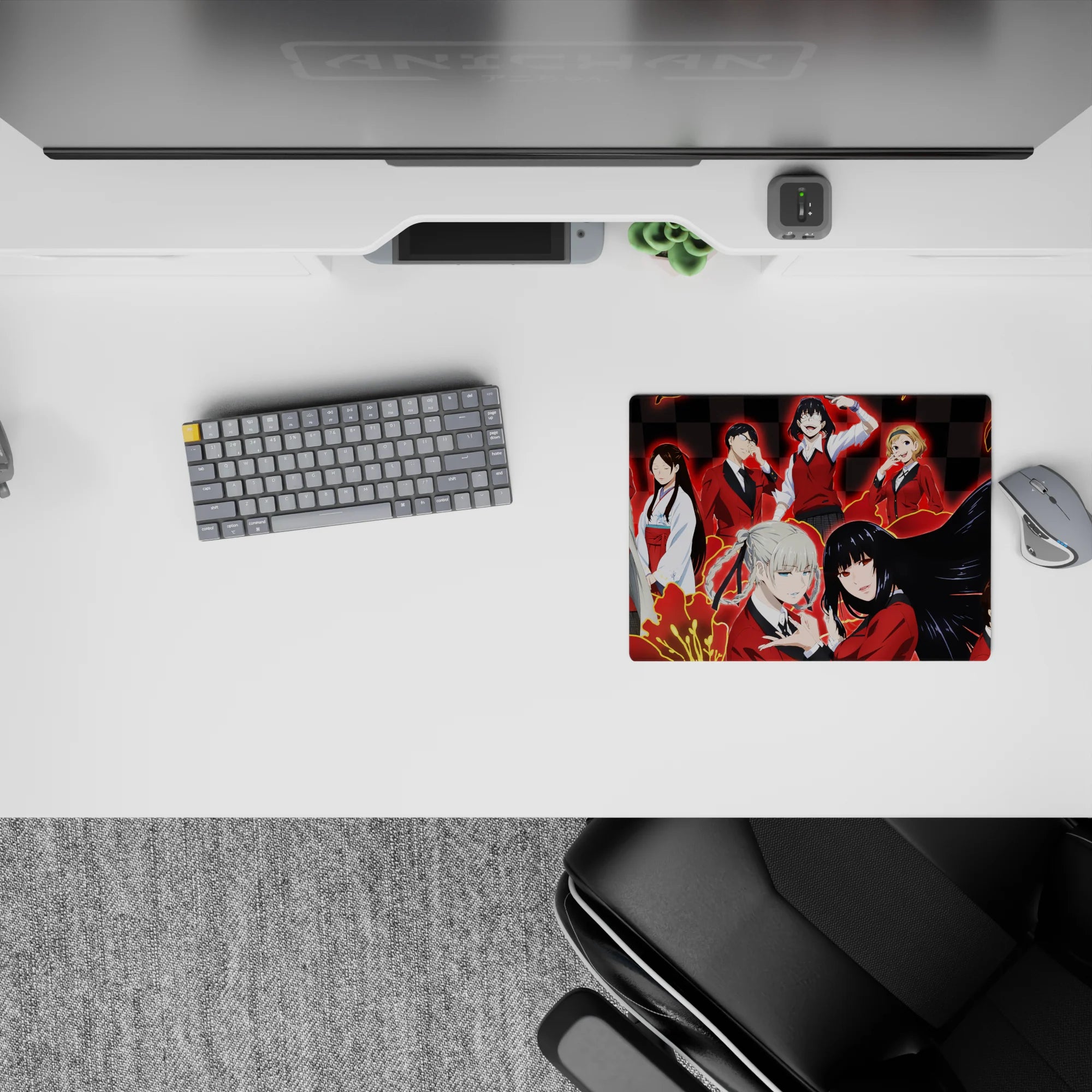 Anime mouse pad 14x10 inches in electric red and black, mischievous classroom vibe with glow streaks.