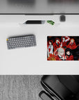 Anime mouse pad 14x10 inches in electric red and black, mischievous classroom vibe with glow streaks.
