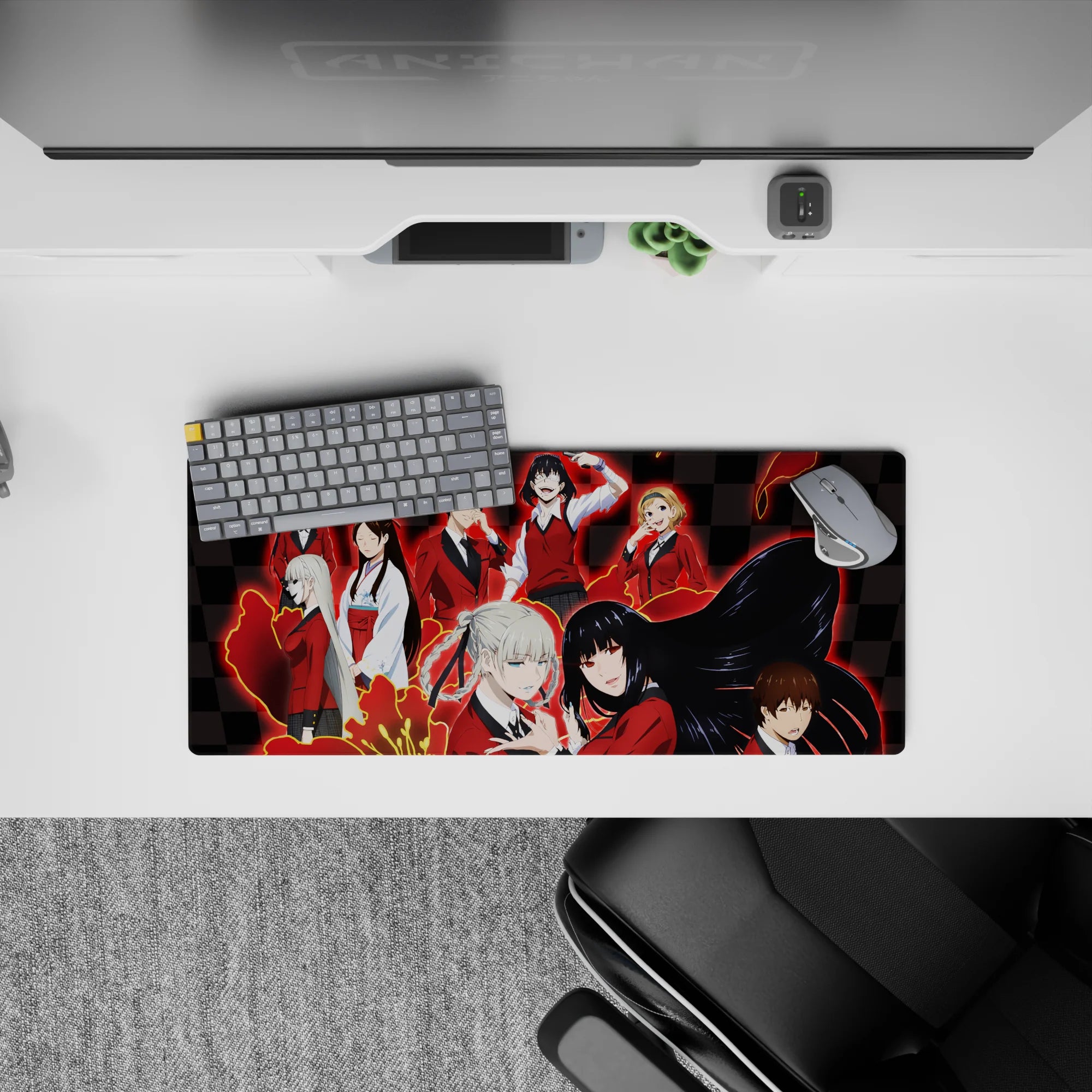 28x12 inches anime desk mat with electric red glow, inky wing shapes, and bold mischievous classroom vibe.