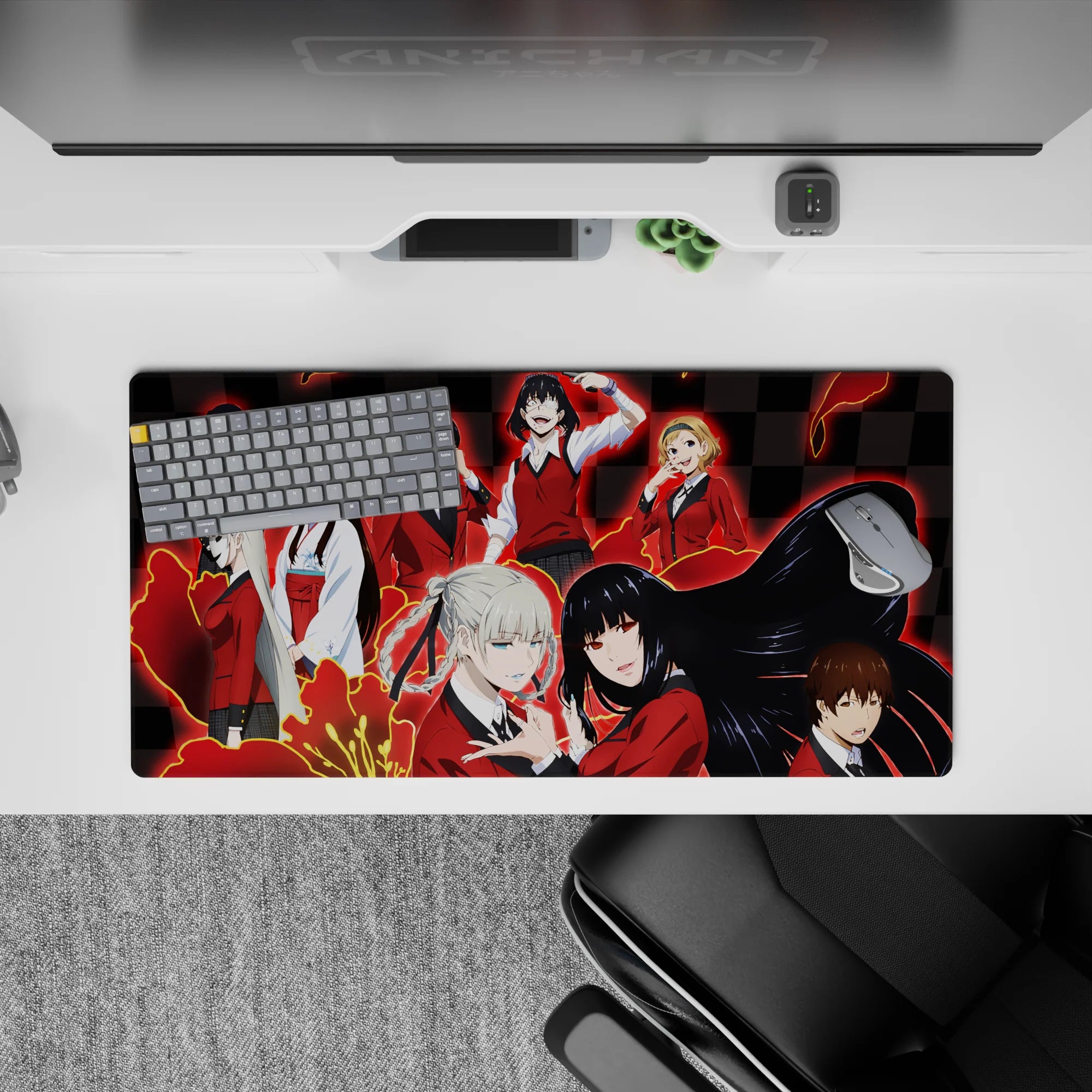 Red-glow anime desk mat 32x16 inches, sharp school vibe with splashy streaks, bold blacks and reds.