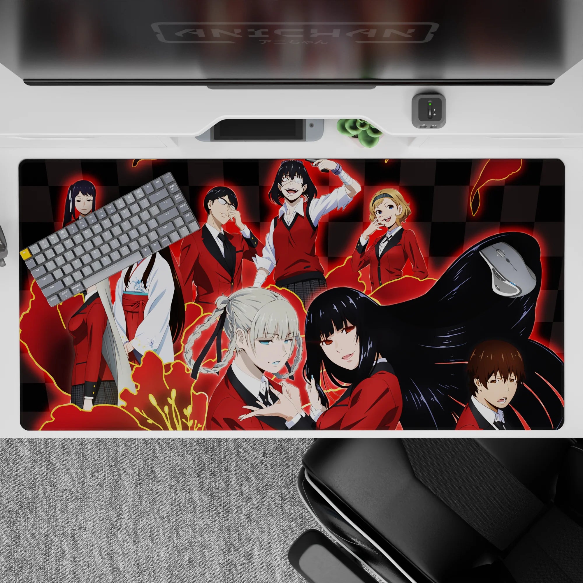 40x20 inches anime mouse pad with electric red glow, black checkerboard, and bold classroom mischief vibe.