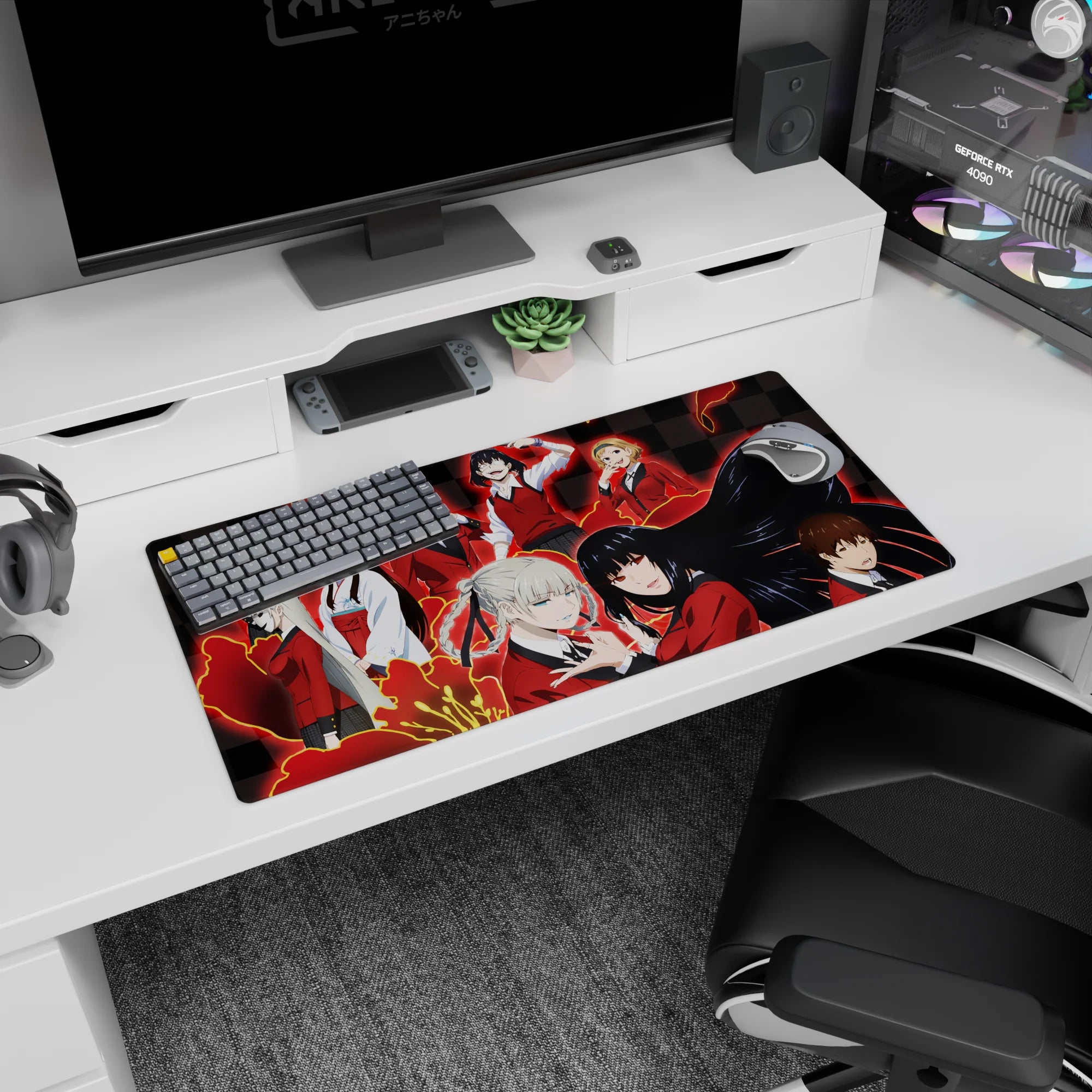 32x16 inches anime mouse pad featuring pale-haired twin braids leaning close beside a daring black-haired girl.