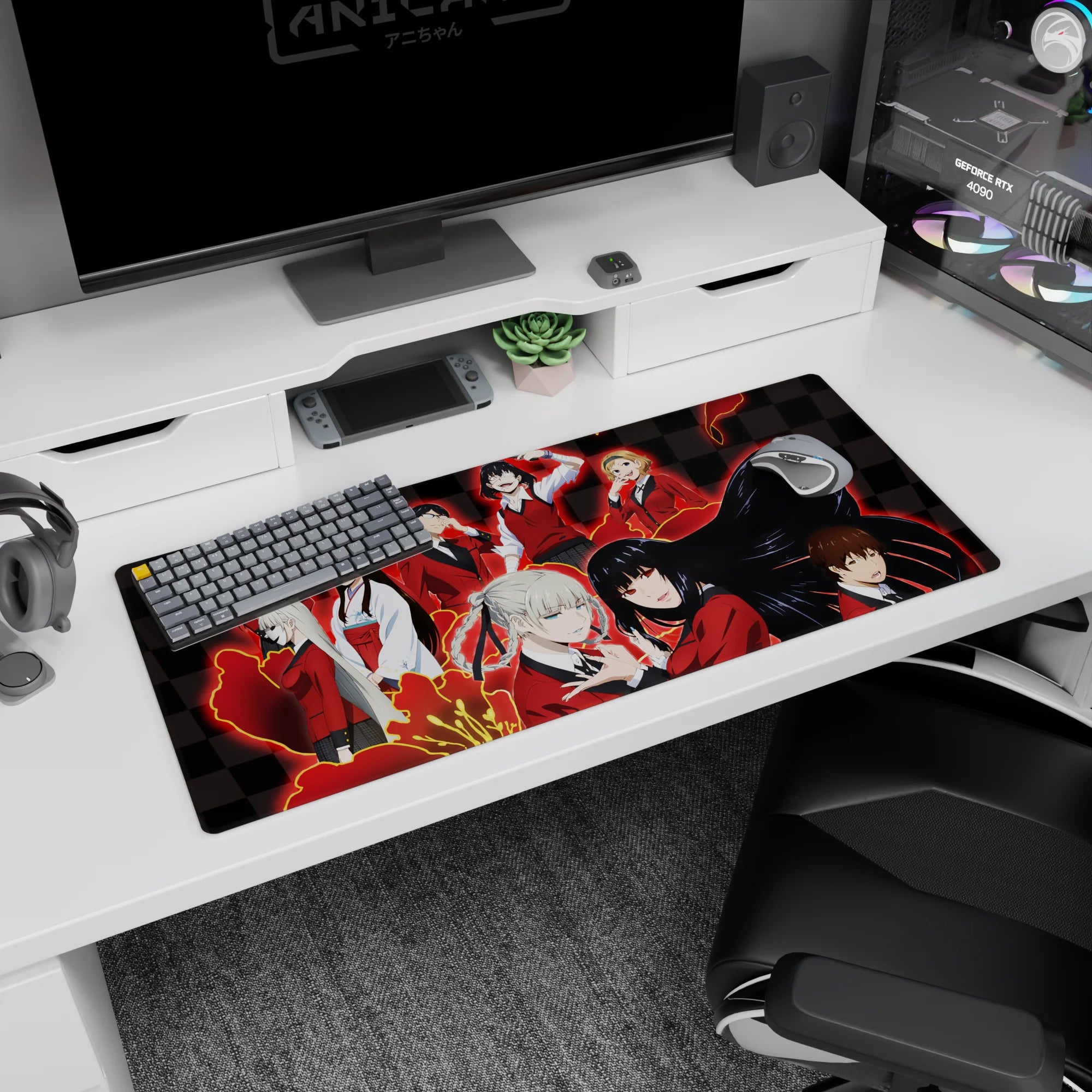 Anime girl desk pad 36x16 inches featuring pale twin-braid girl and raven-haired girl with wing-like shadows.