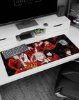 Anime girl desk pad 36x16 inches featuring pale twin-braid girl and raven-haired girl with wing-like shadows.