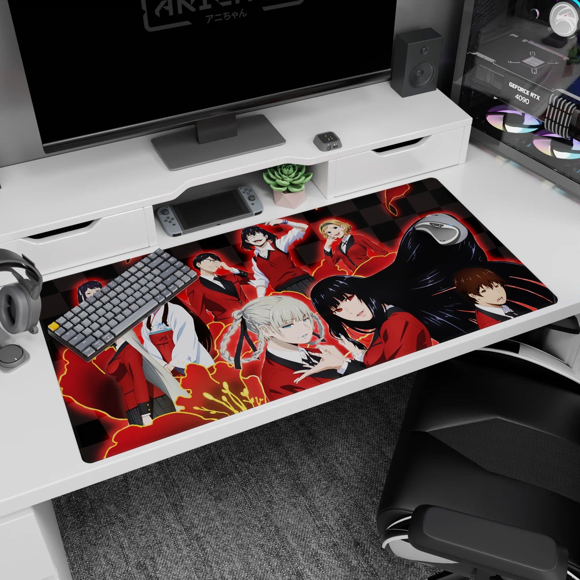 Anime girl desk pad 40x20 inches showing pale twin-braid beauty leaning close beside a daring raven-haired girl.