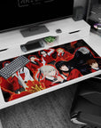 Anime girl desk pad 40x20 inches showing pale twin-braid beauty leaning close beside a daring raven-haired girl.