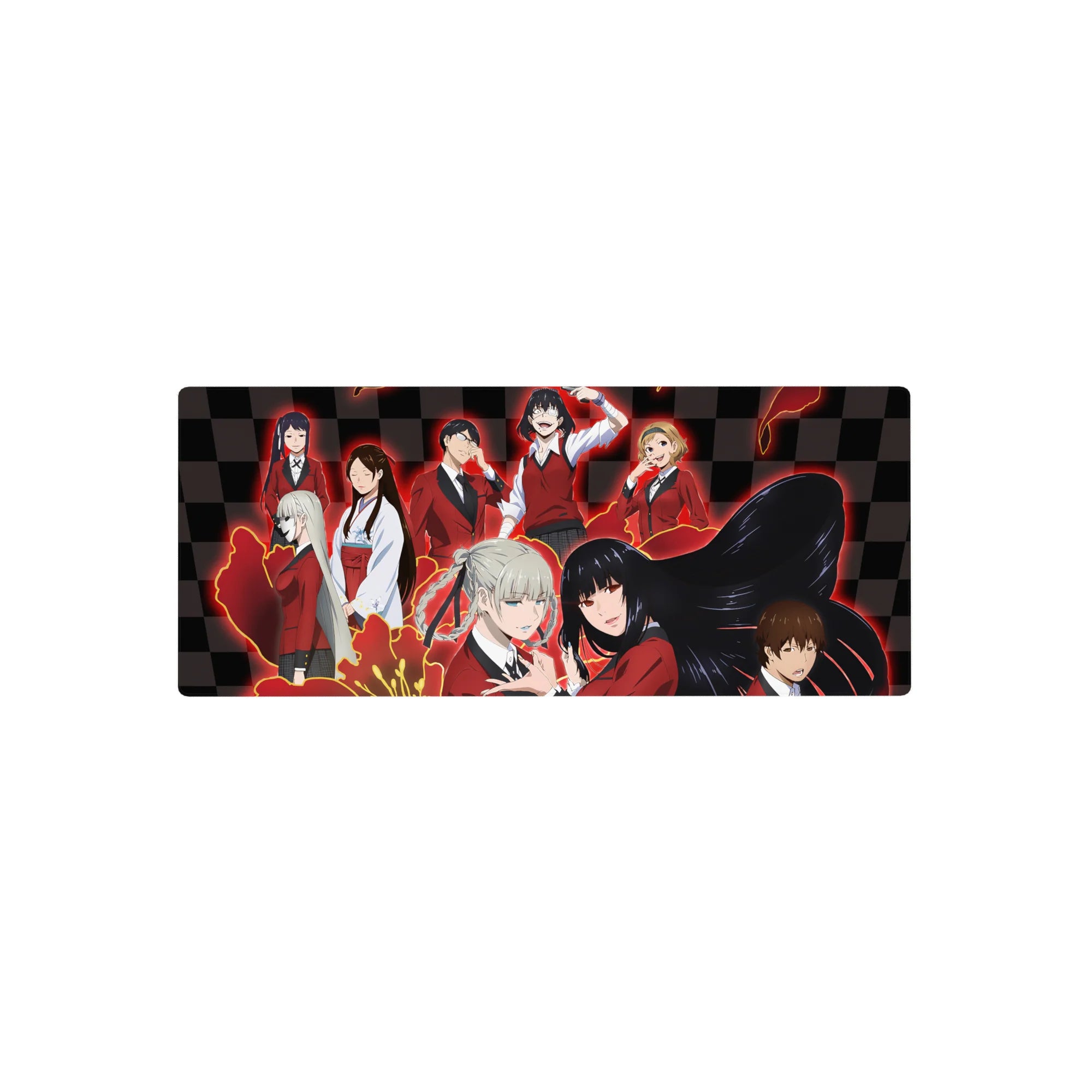 28x12 inches anime girl mouse pad with red blazers, sharp ties, and glossy black checkerboard background.