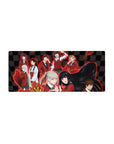 28x12 inches anime girl mouse pad with red blazers, sharp ties, and glossy black checkerboard background.