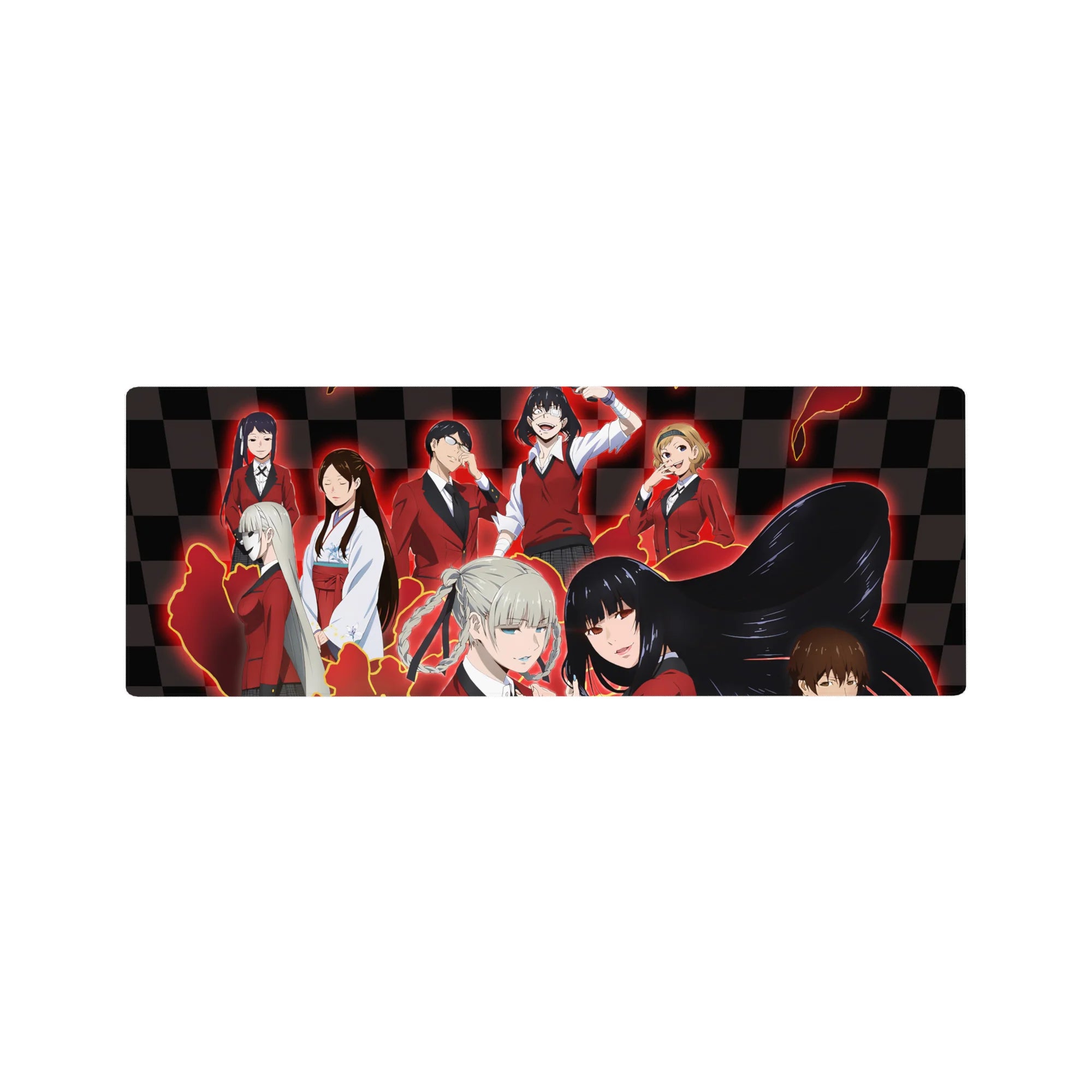 Anime girl desk mouse pad 32x12 inches with twin-braid blonde and raven-haired girl on checkerboard backdrop.