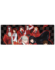 Anime girl desk mouse pad 32x12 inches with twin-braid blonde and raven-haired girl on checkerboard backdrop.