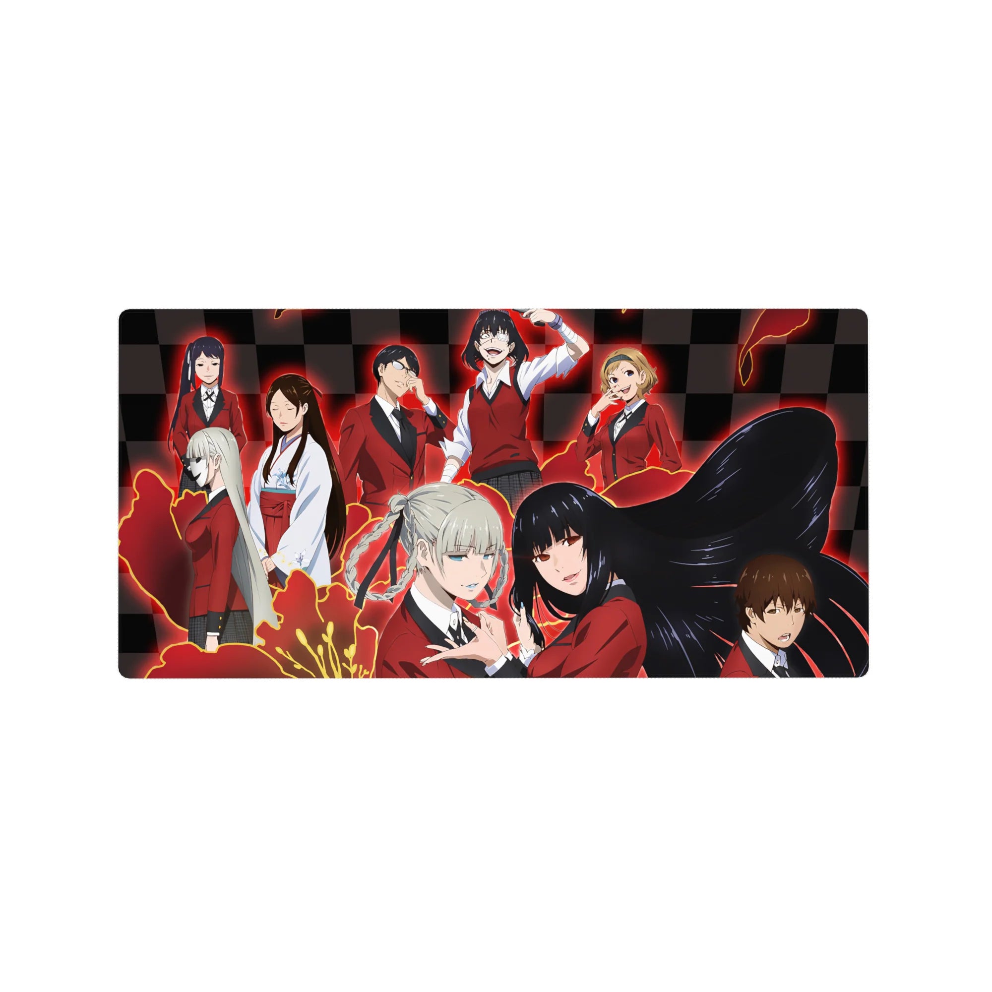 Anime girl mouse pad 32x16 inches with twin-braid blonde and raven-haired girl on glossy checkerboard backdrop.