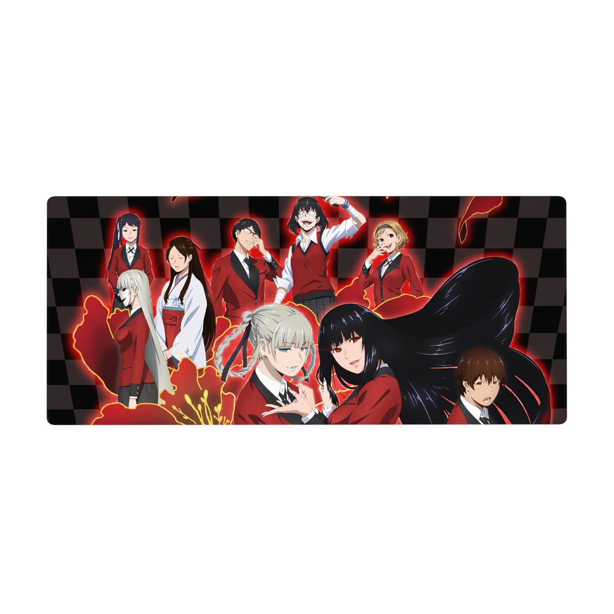 Anime girl desk pad 36x16 inches with red blazers, sharp ties, and glossy black checkerboard backdrop.