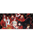Anime girl desk pad 36x16 inches with red blazers, sharp ties, and glossy black checkerboard backdrop.