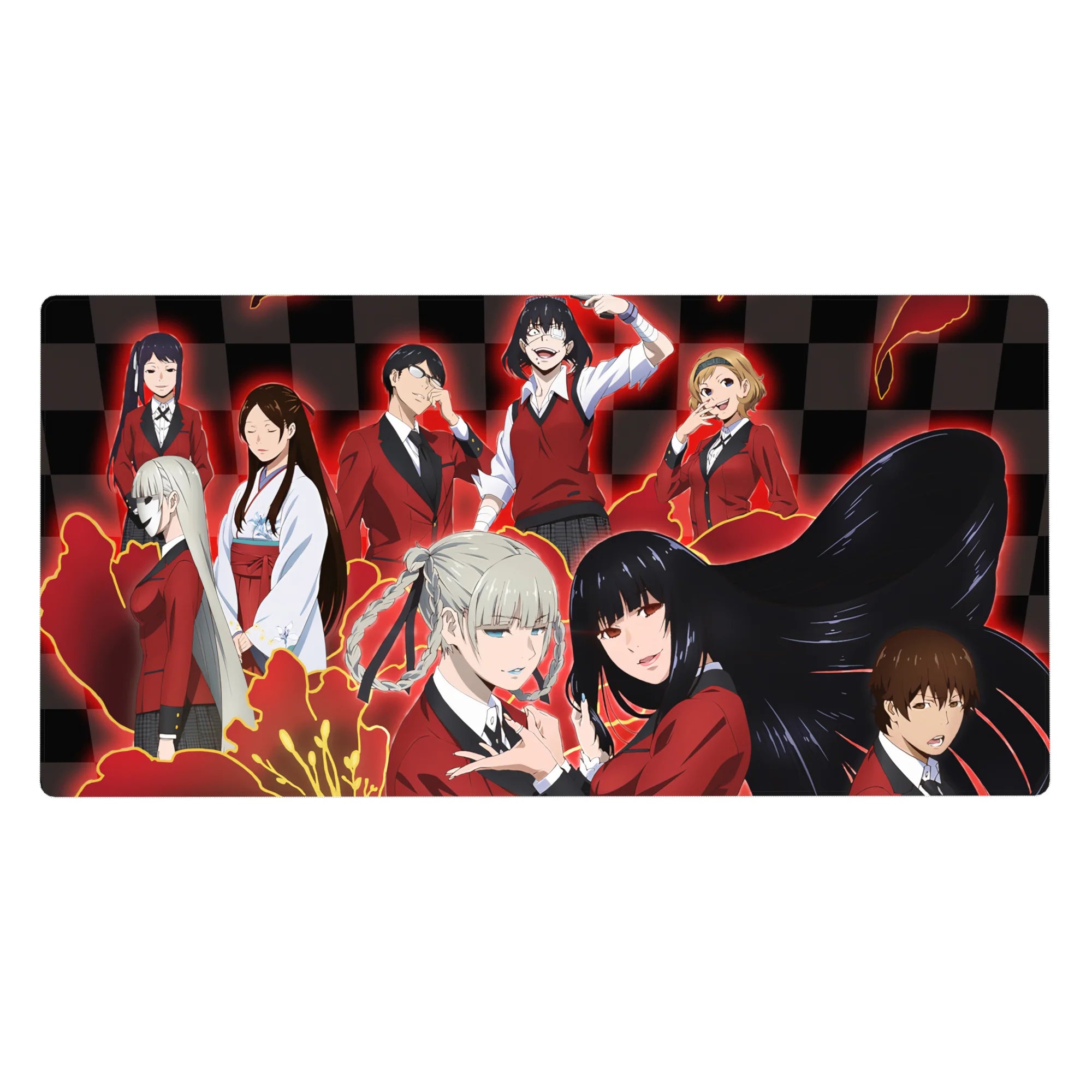 Anime girl desk pad 40x20 inches with twin-braid blonde and dark-haired girls on glossy checkerboard.